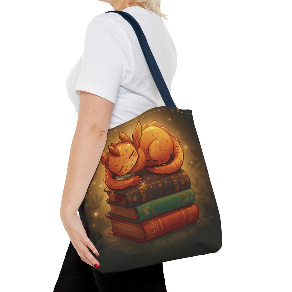 Cute Sleeping Dragon Bookstack Tote Bag — Cozy Fantasy Library Shopper