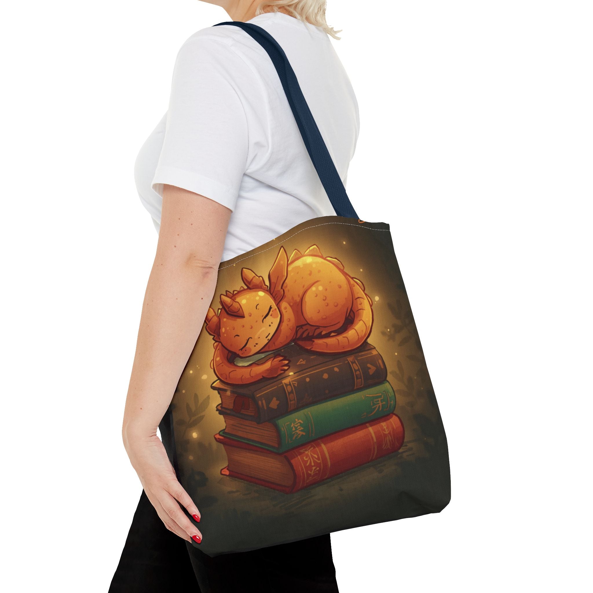 Cute Sleeping Dragon Bookstack Tote Bag — Cozy Fantasy Library Shopper