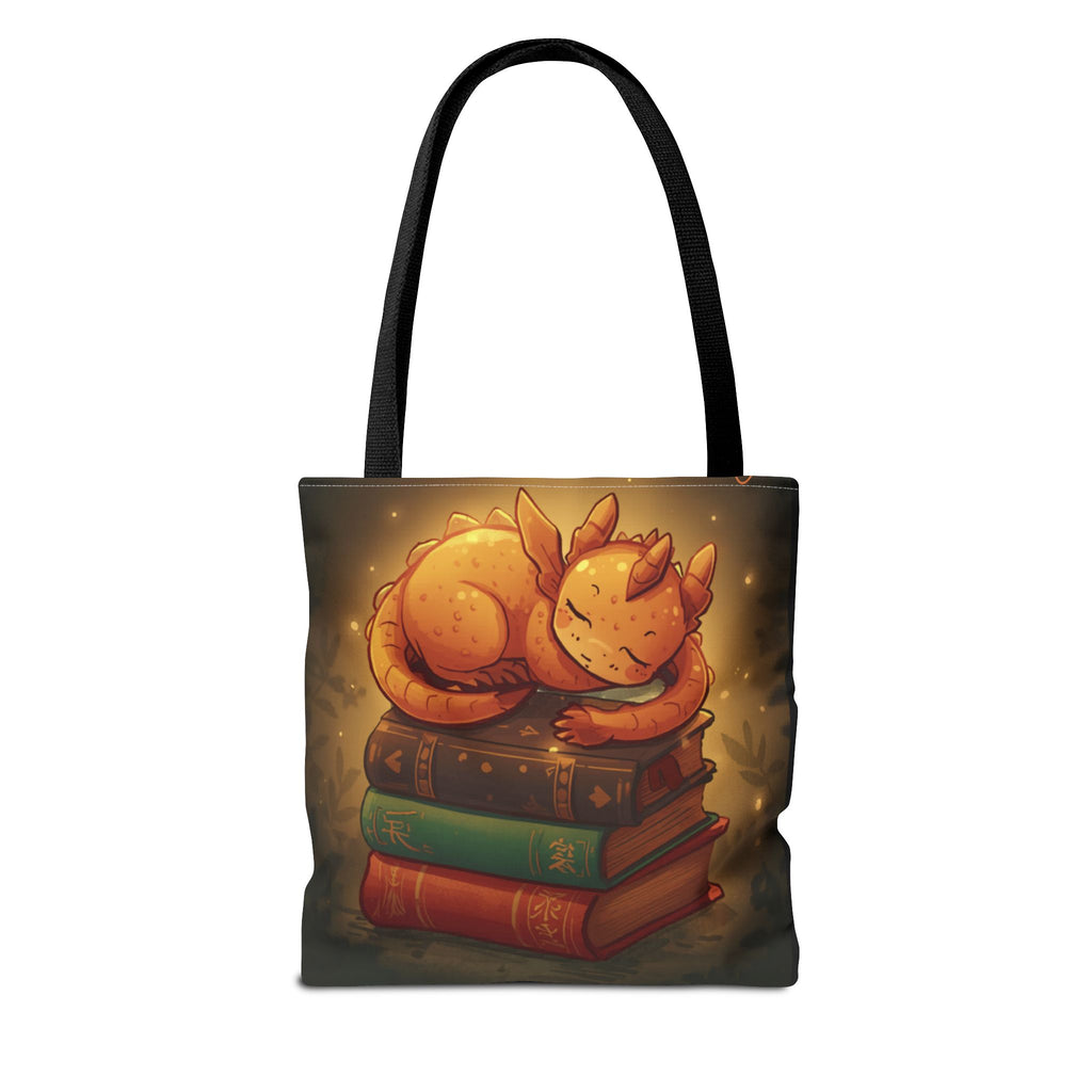Cute Sleeping Dragon Bookstack Tote Bag — Cozy Fantasy Library Shopper