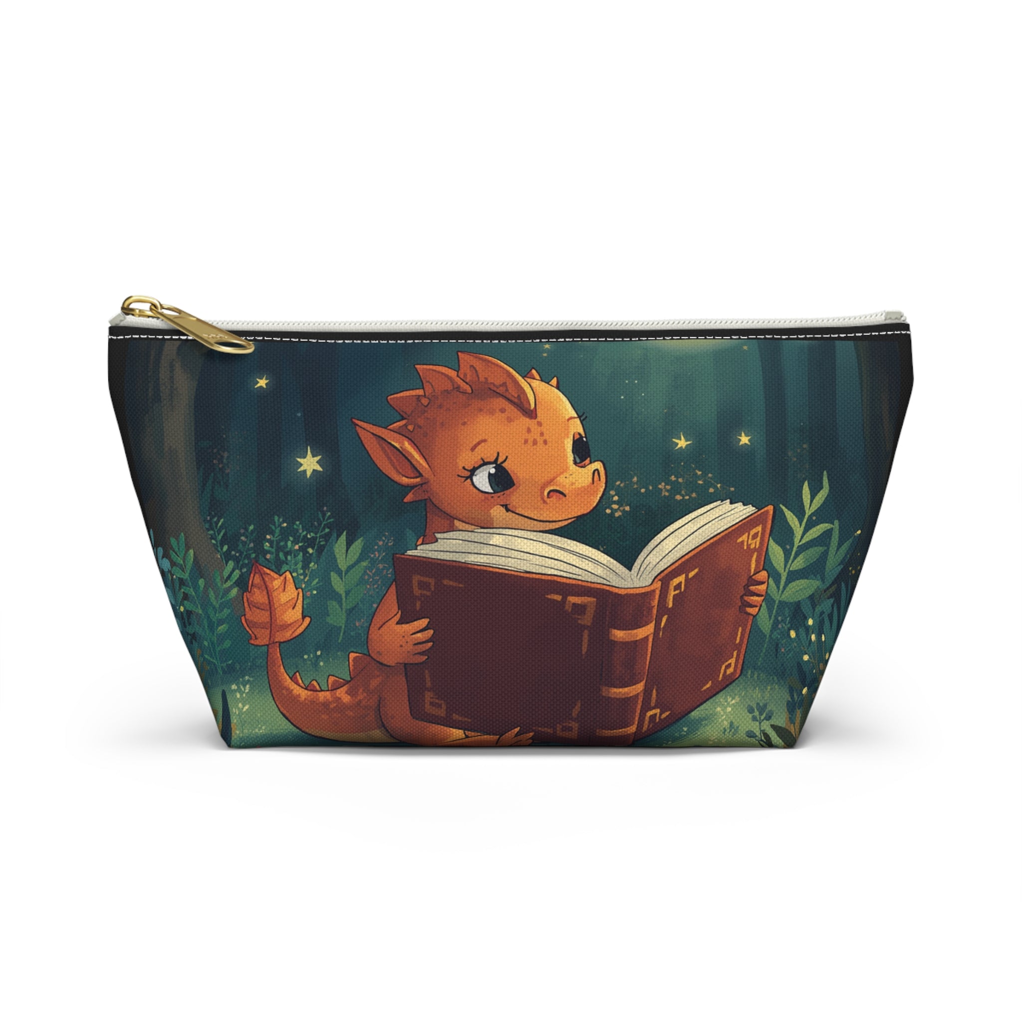 Cute Dragon Reading Book Accessory Pouch — Zippered T‑Bottom Makeup & Pencil Case