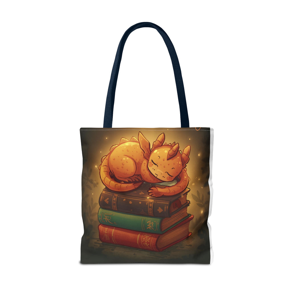 Cute Sleeping Dragon Bookstack Tote Bag — Cozy Fantasy Library Shopper