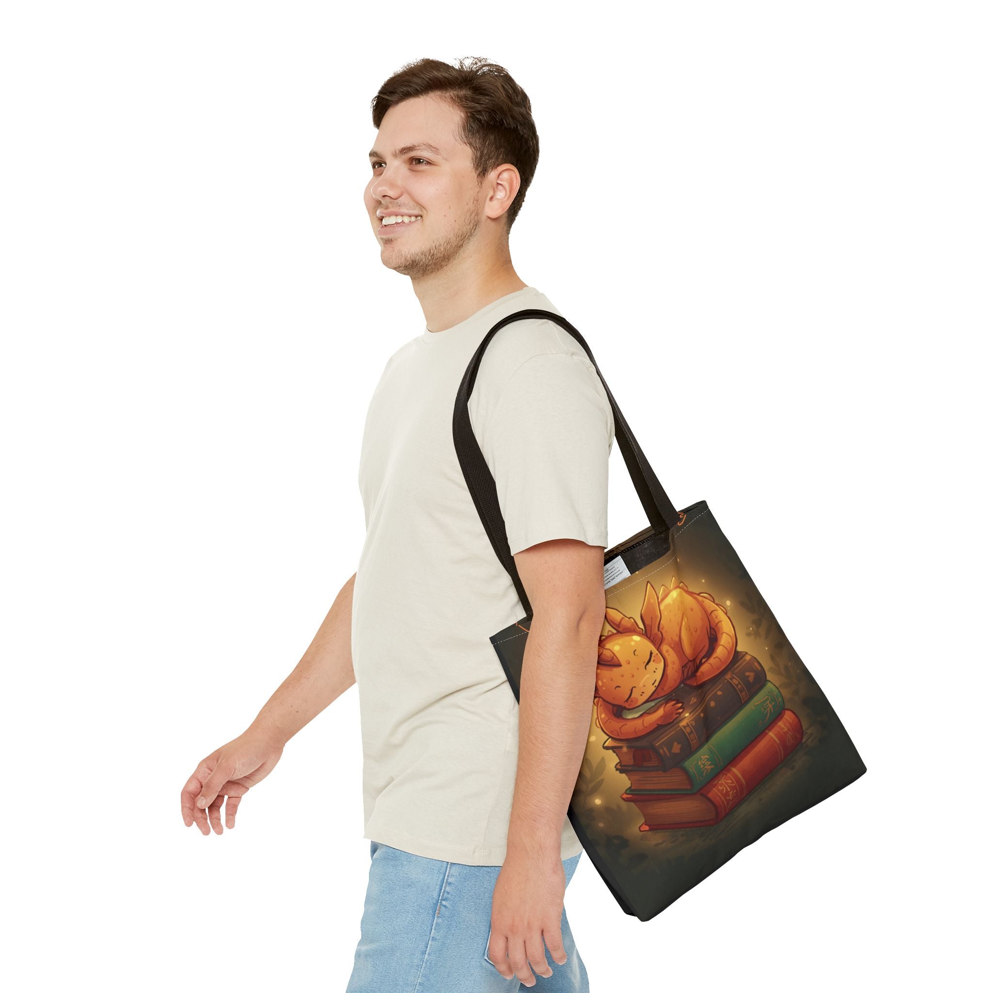 Cute Sleeping Dragon Bookstack Tote Bag — Cozy Fantasy Library Shopper