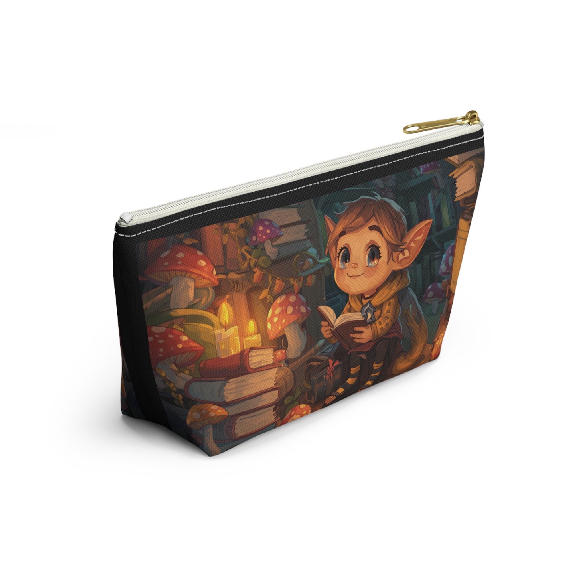 Enchanted Library Accessory Pouch — Cute Elf Reading Among Mushrooms