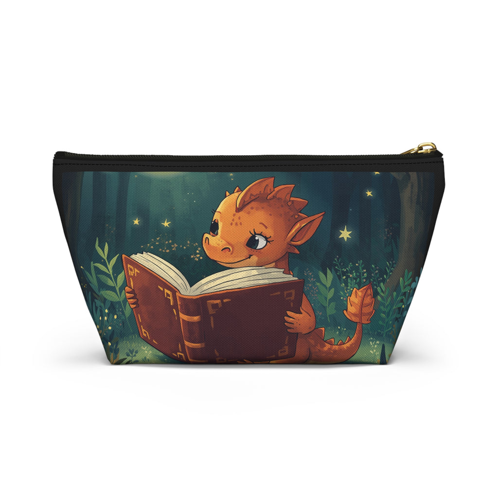 Cute Dragon Reading Book Accessory Pouch — Zippered T‑Bottom Makeup & Pencil Case