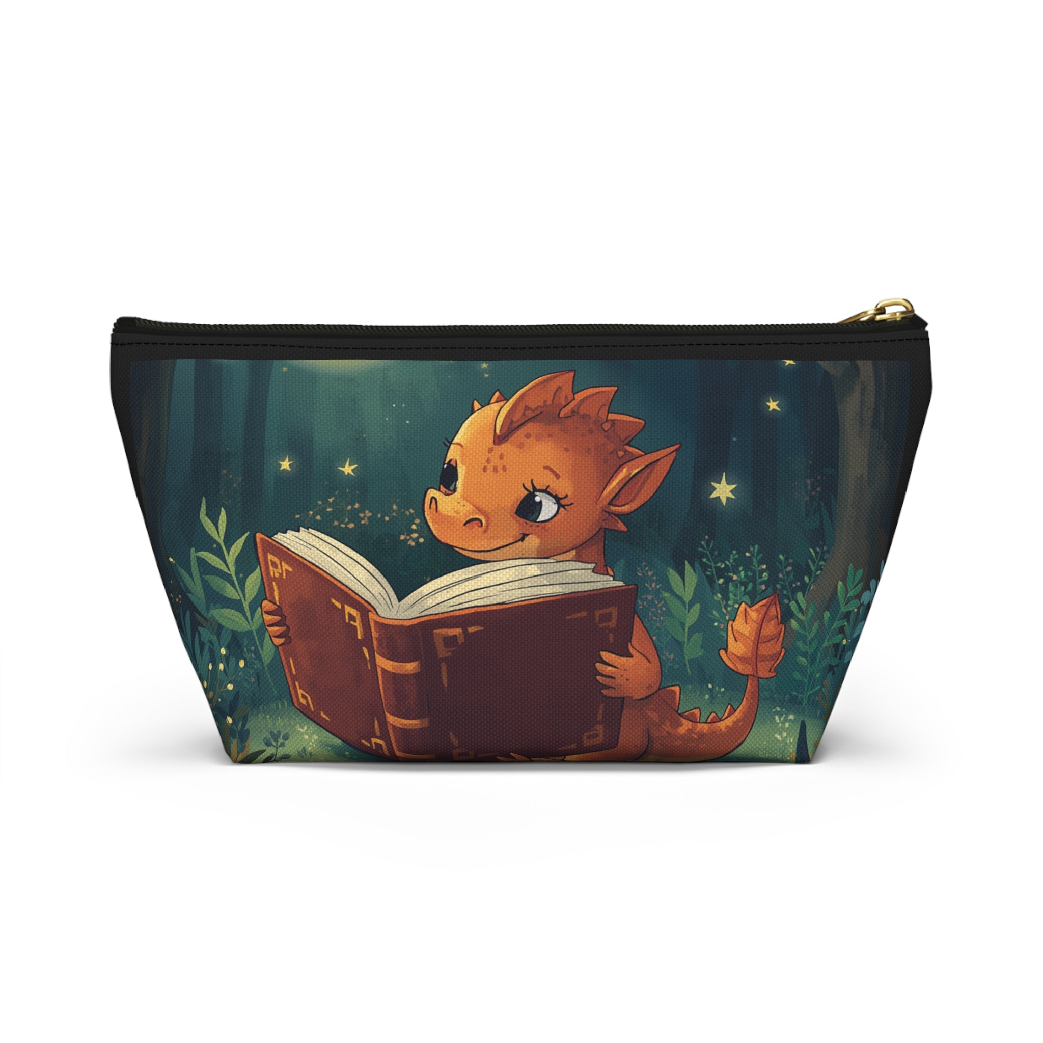 Cute Dragon Reading Book Accessory Pouch — Zippered T‑Bottom Makeup & Pencil Case