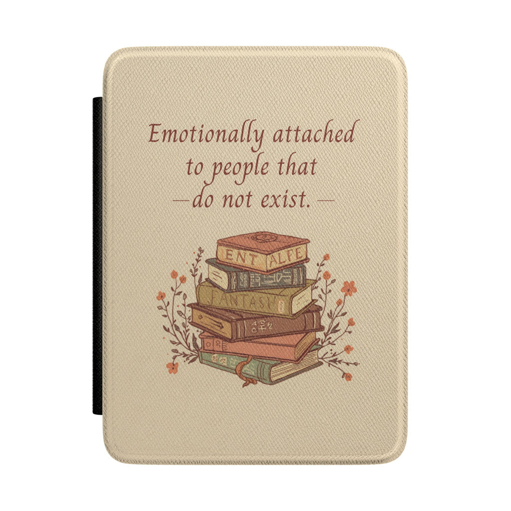 Kindle Case —"Emotionally Attached to Fictional Characters"
Vintage Bookstore Cozy Design with Stacked Fantasy Books & Candlelight