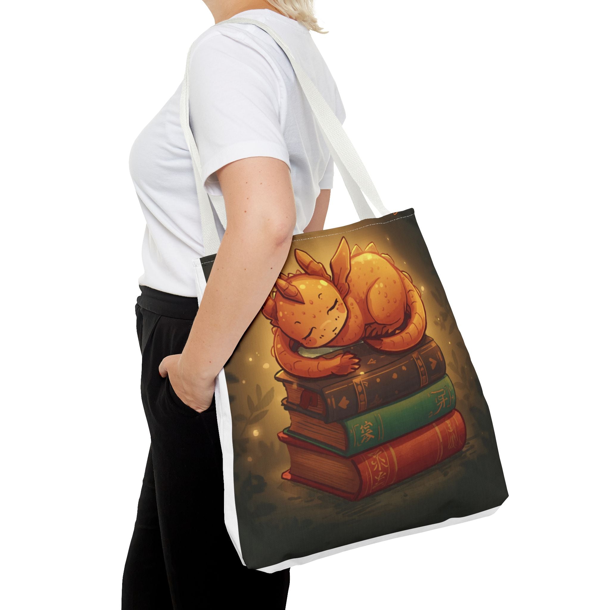 Cute Sleeping Dragon Bookstack Tote Bag — Cozy Fantasy Library Shopper