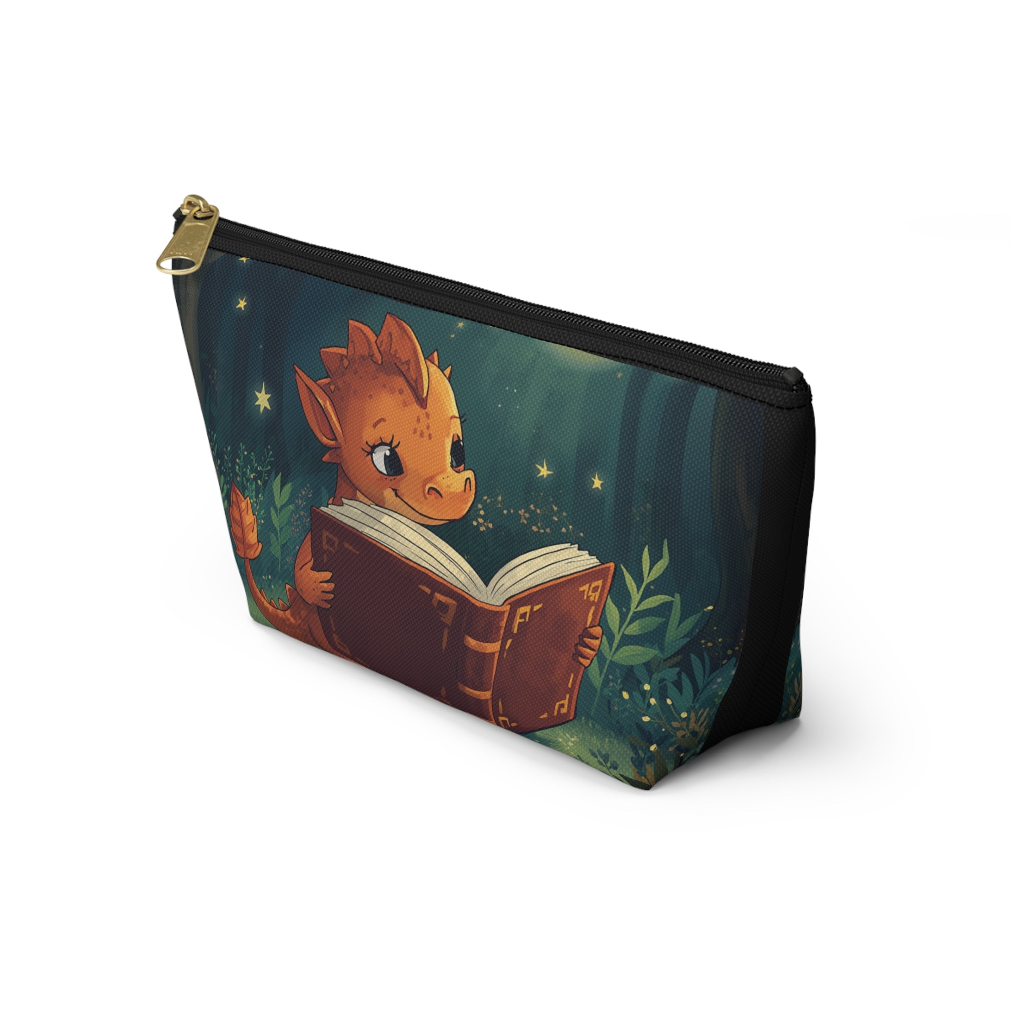 Cute Dragon Reading Book Accessory Pouch — Zippered T‑Bottom Makeup & Pencil Case