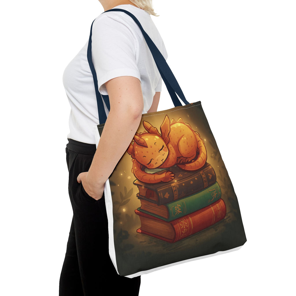 Cute Sleeping Dragon Bookstack Tote Bag — Cozy Fantasy Library Shopper