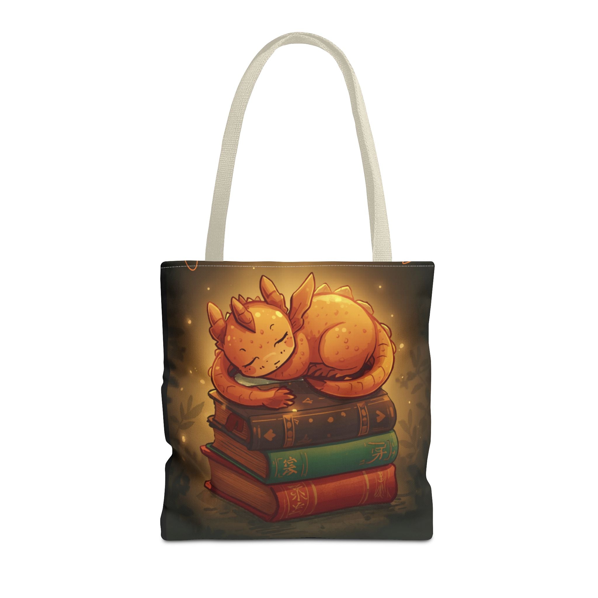 Cute Sleeping Dragon Bookstack Tote Bag — Cozy Fantasy Library Shopper