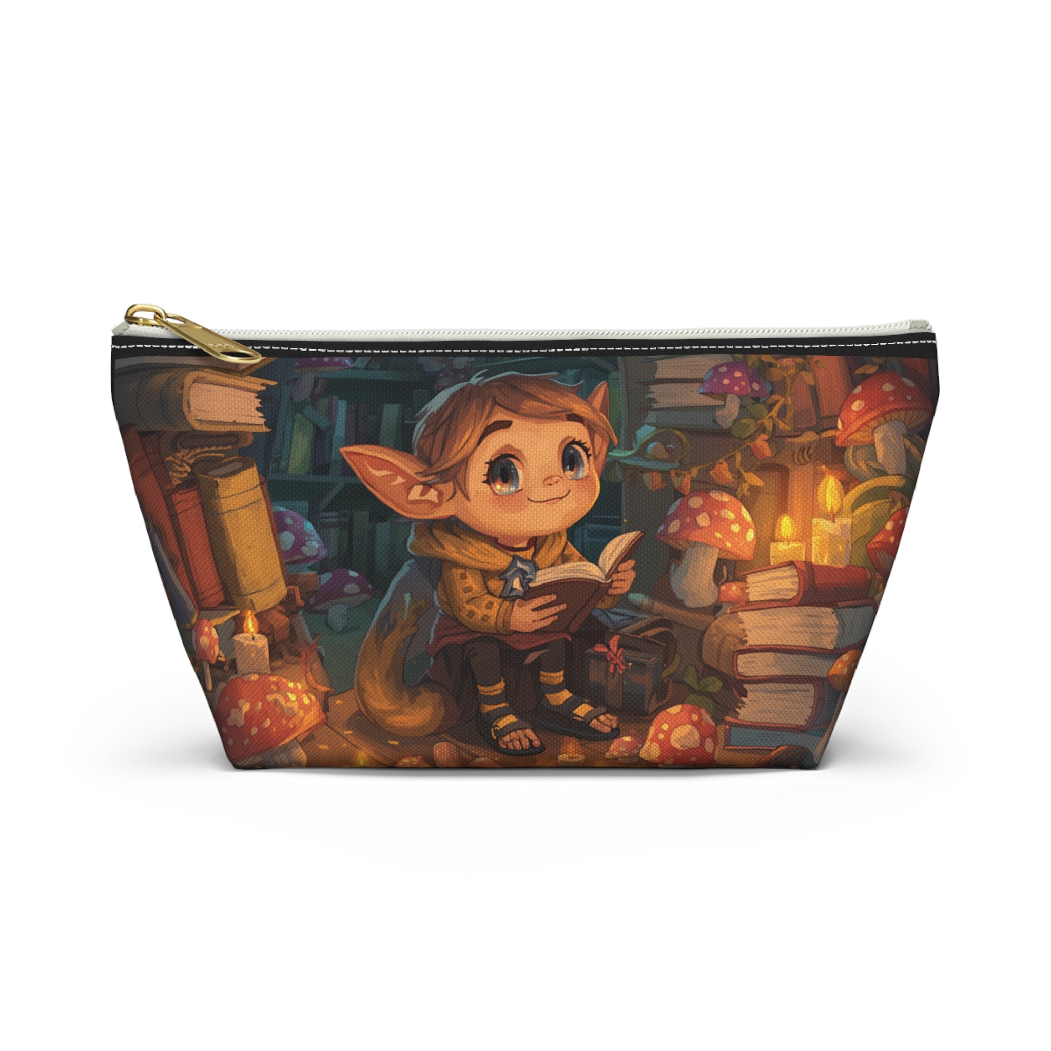 Enchanted Library Accessory Pouch — Cute Elf Reading Among Mushrooms