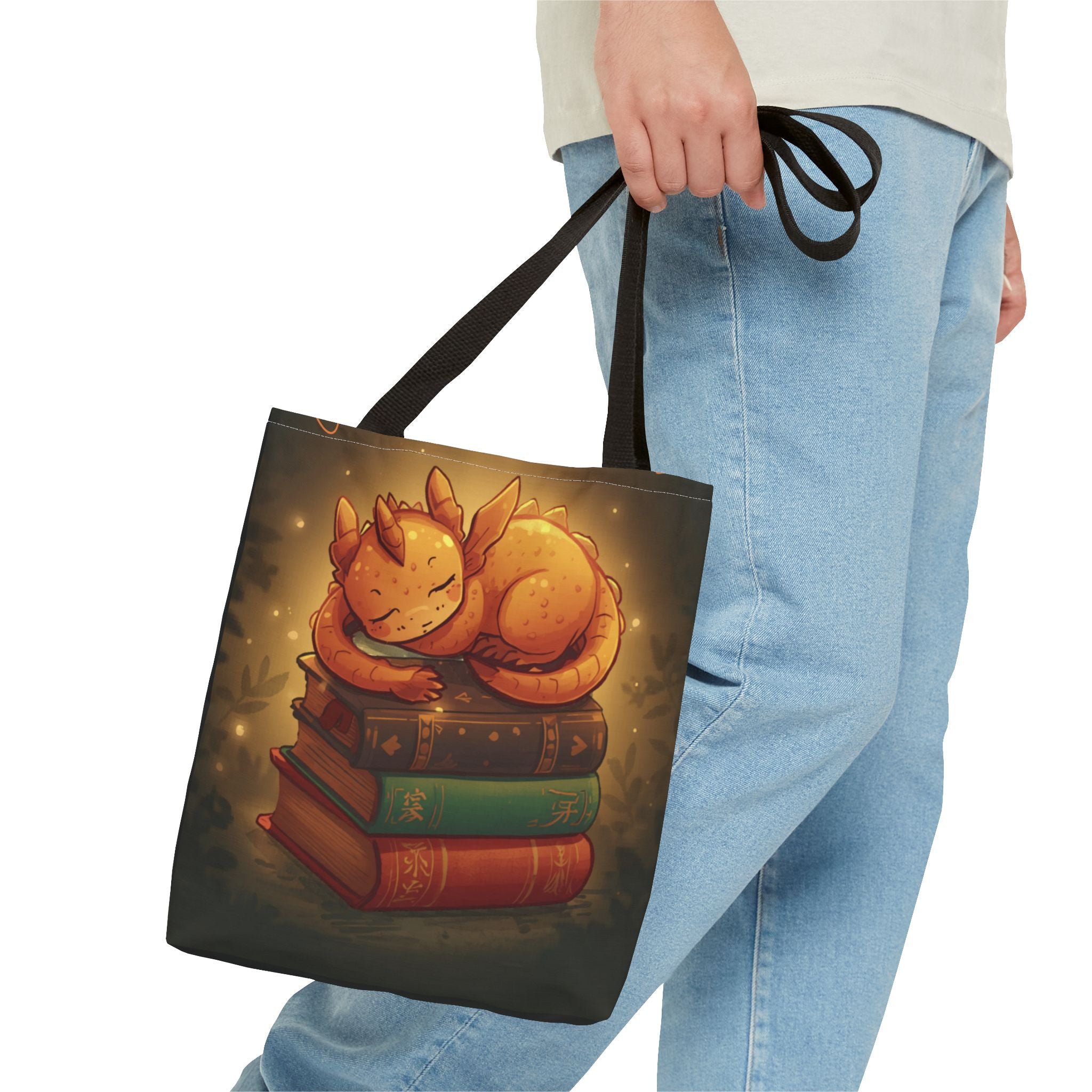 Cute Sleeping Dragon Bookstack Tote Bag — Cozy Fantasy Library Shopper