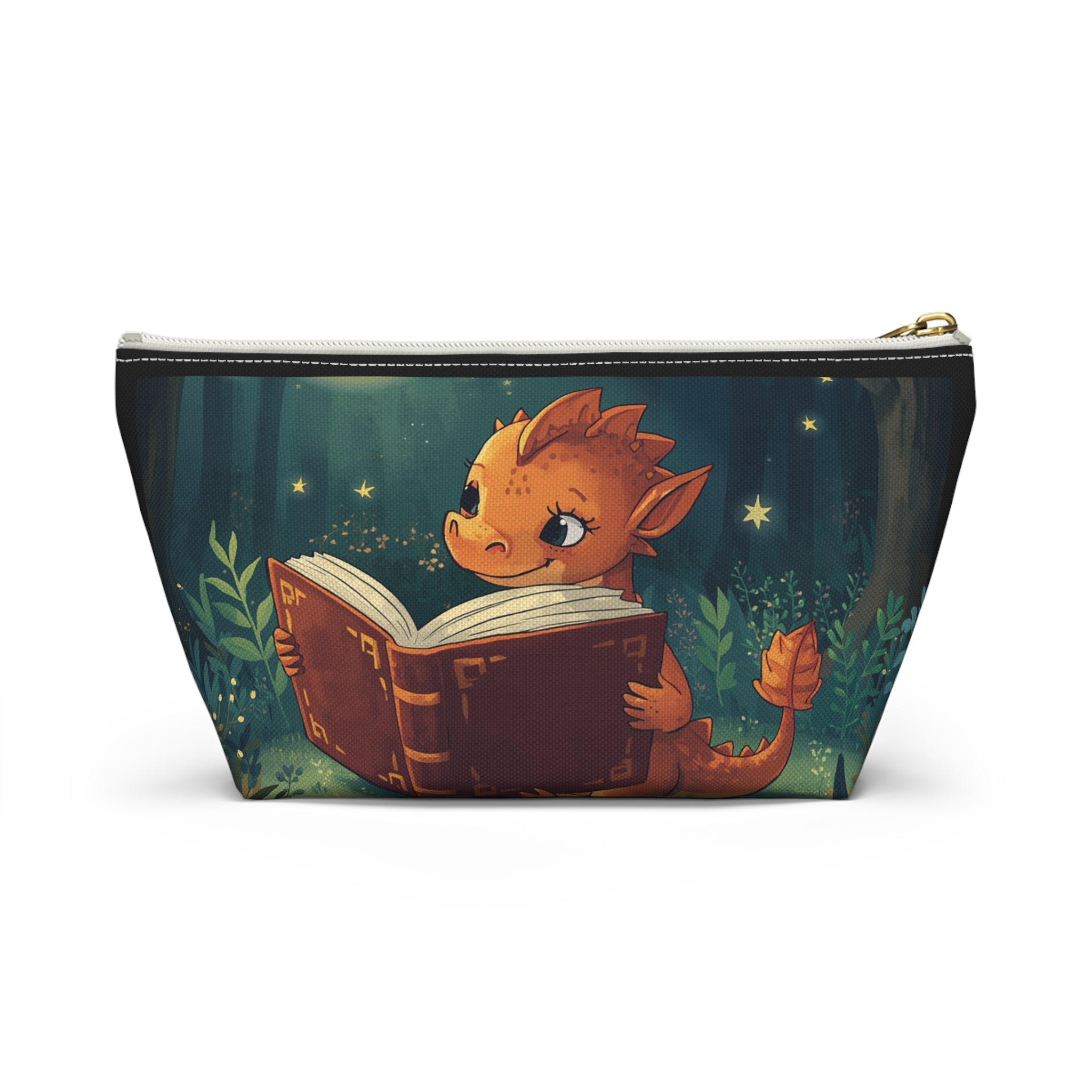 Cute Dragon Reading Book Accessory Pouch — Zippered T‑Bottom Makeup & Pencil Case