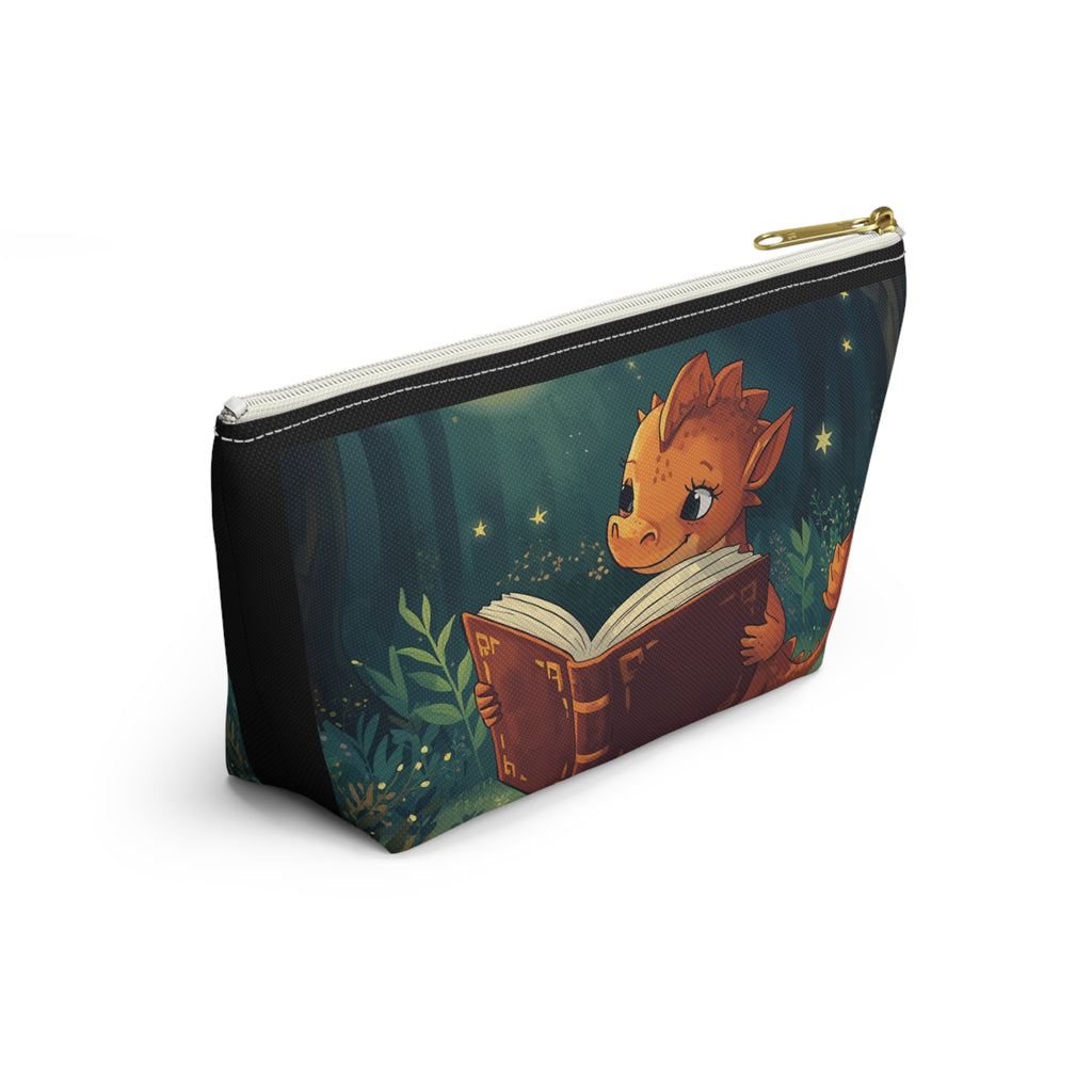 Cute Dragon Reading Book Accessory Pouch — Zippered T‑Bottom Makeup & Pencil Case