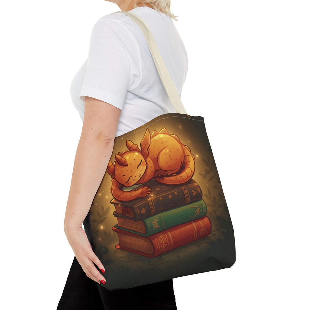 Cute Sleeping Dragon Bookstack Tote Bag — Cozy Fantasy Library Shopper