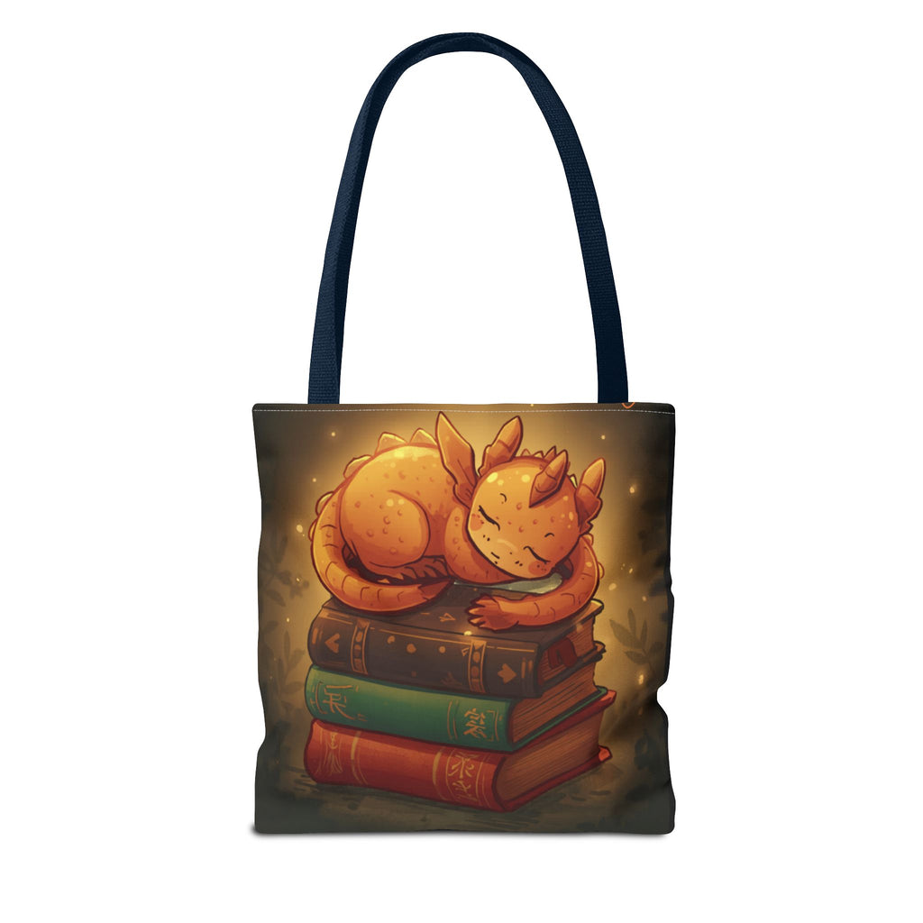 Cute Sleeping Dragon Bookstack Tote Bag — Cozy Fantasy Library Shopper