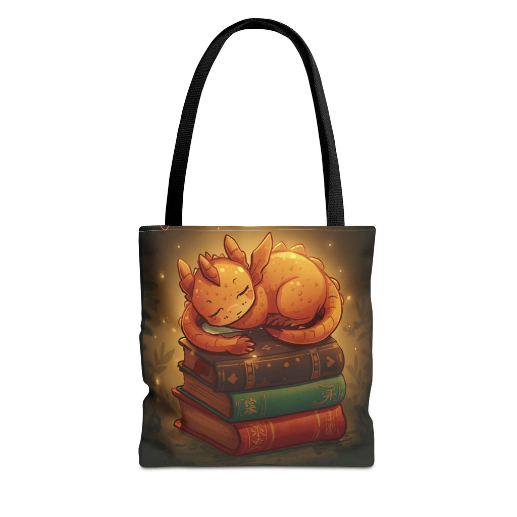 Cute Sleeping Dragon Bookstack Tote Bag — Cozy Fantasy Library Shopper