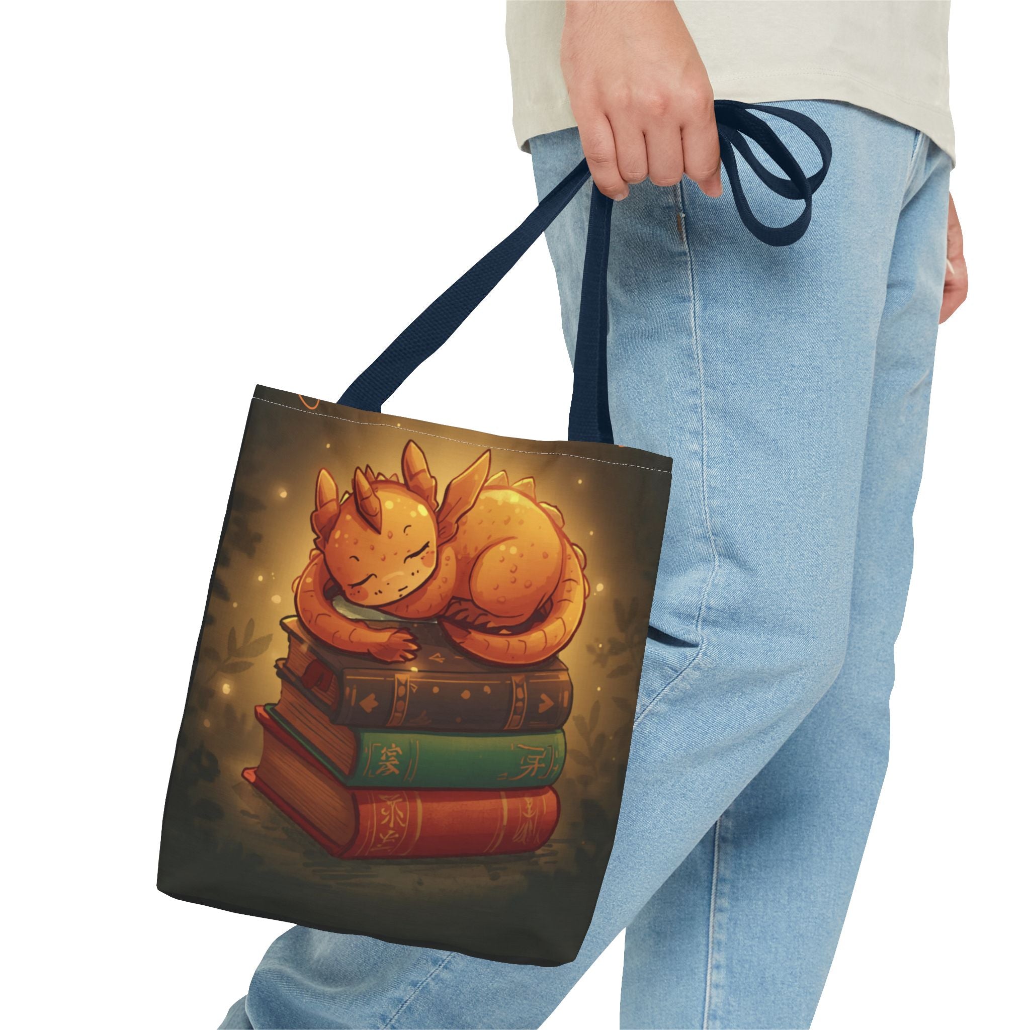 Cute Sleeping Dragon Bookstack Tote Bag — Cozy Fantasy Library Shopper
