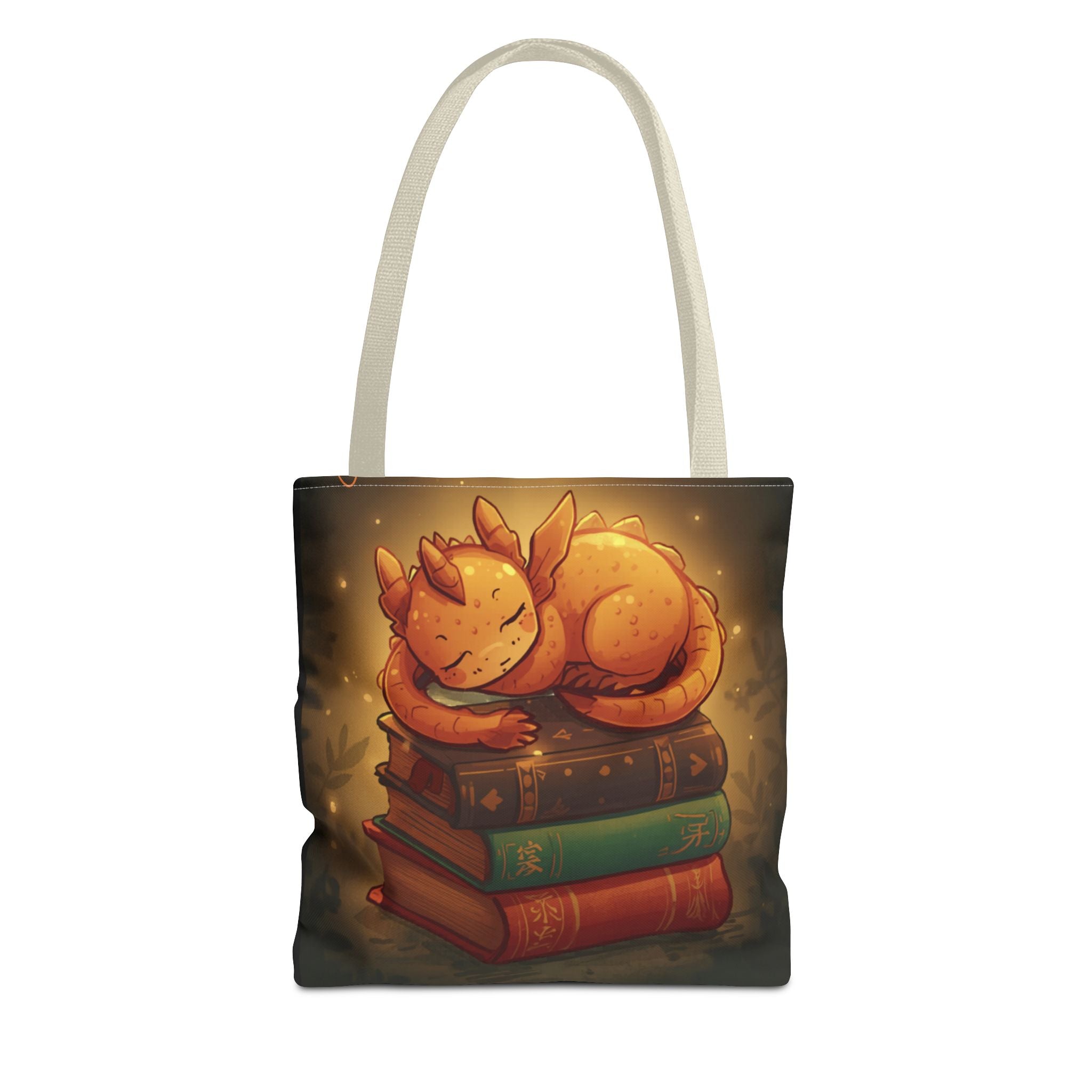 Cute Sleeping Dragon Bookstack Tote Bag — Cozy Fantasy Library Shopper