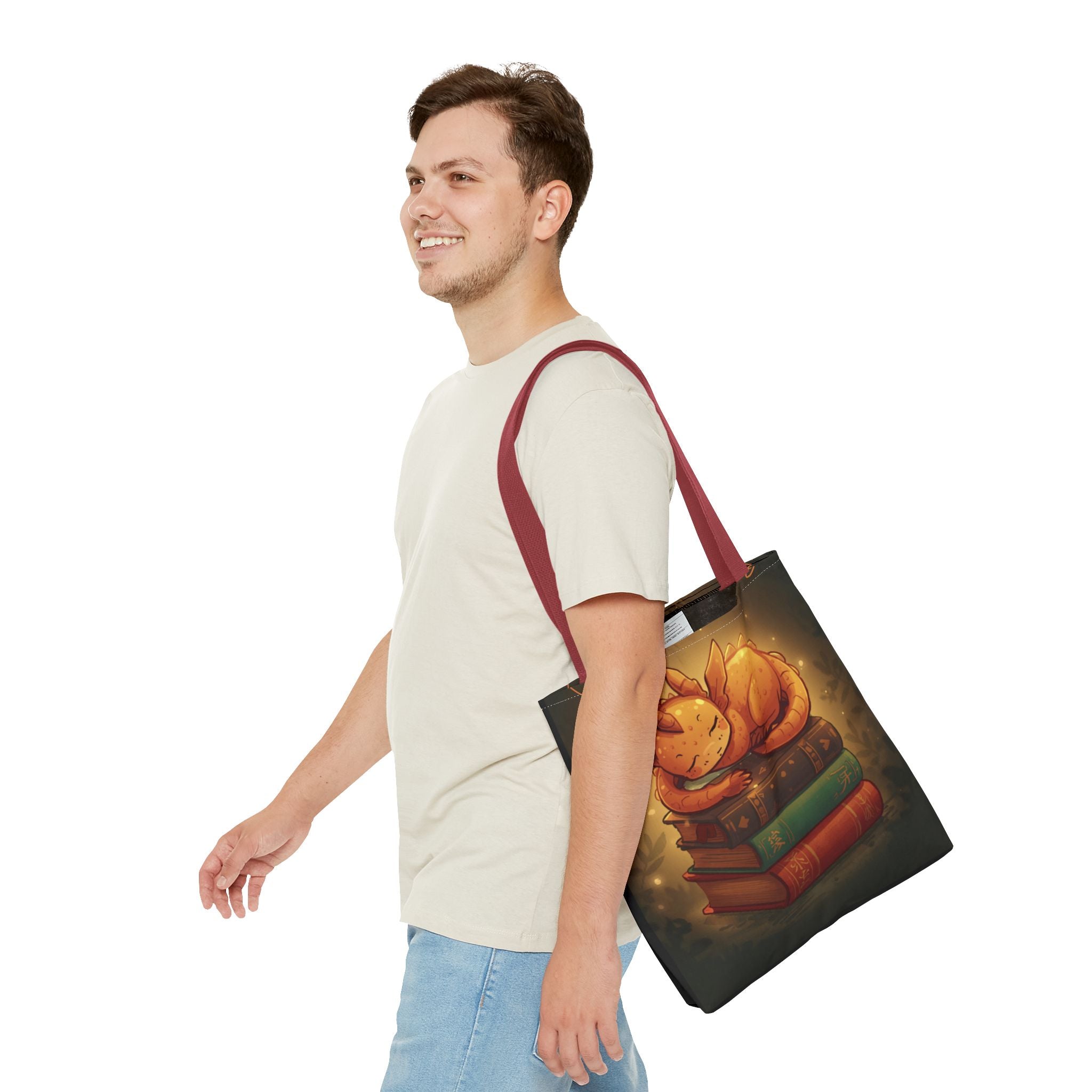 Cute Sleeping Dragon Bookstack Tote Bag — Cozy Fantasy Library Shopper