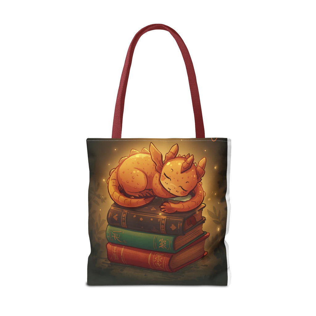 Cute Sleeping Dragon Bookstack Tote Bag — Cozy Fantasy Library Shopper