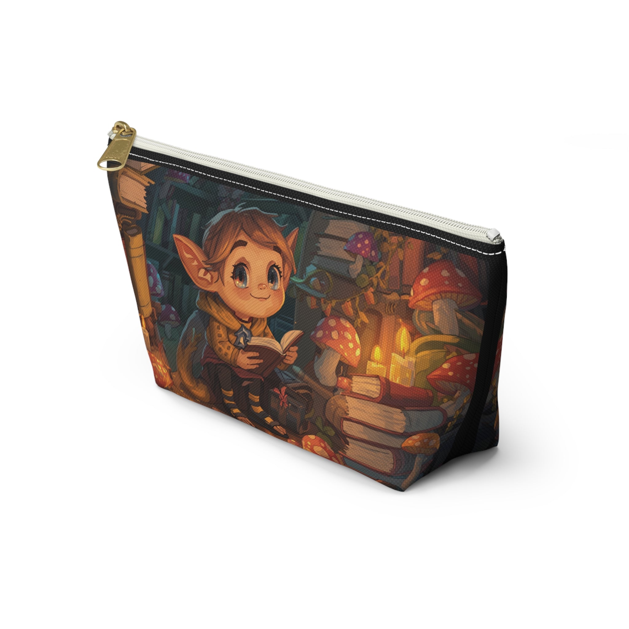 Enchanted Library Accessory Pouch — Cute Elf Reading Among Mushrooms