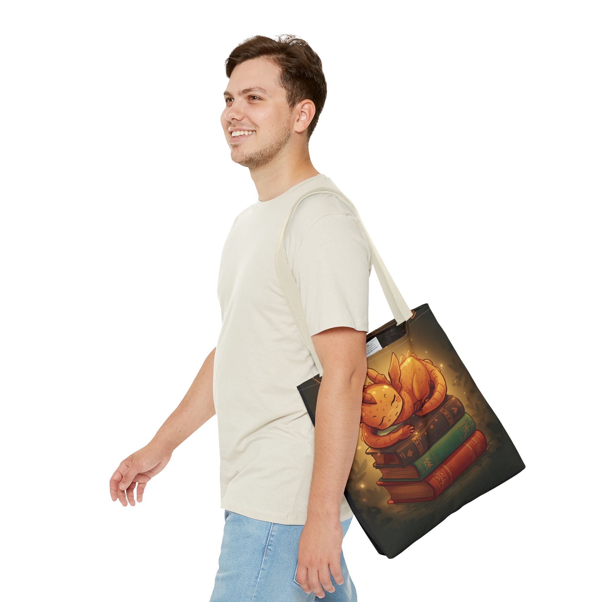 Cute Sleeping Dragon Bookstack Tote Bag — Cozy Fantasy Library Shopper