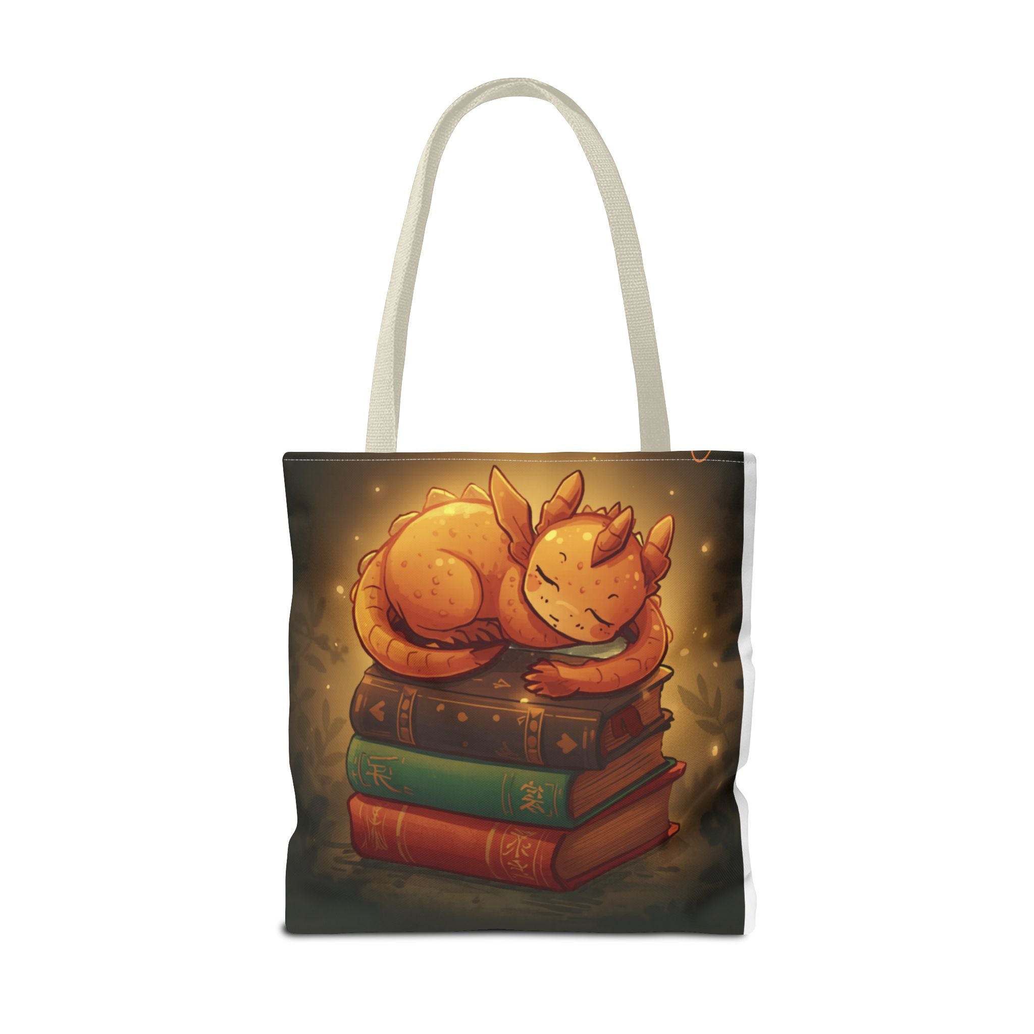 Cute Sleeping Dragon Bookstack Tote Bag — Cozy Fantasy Library Shopper
