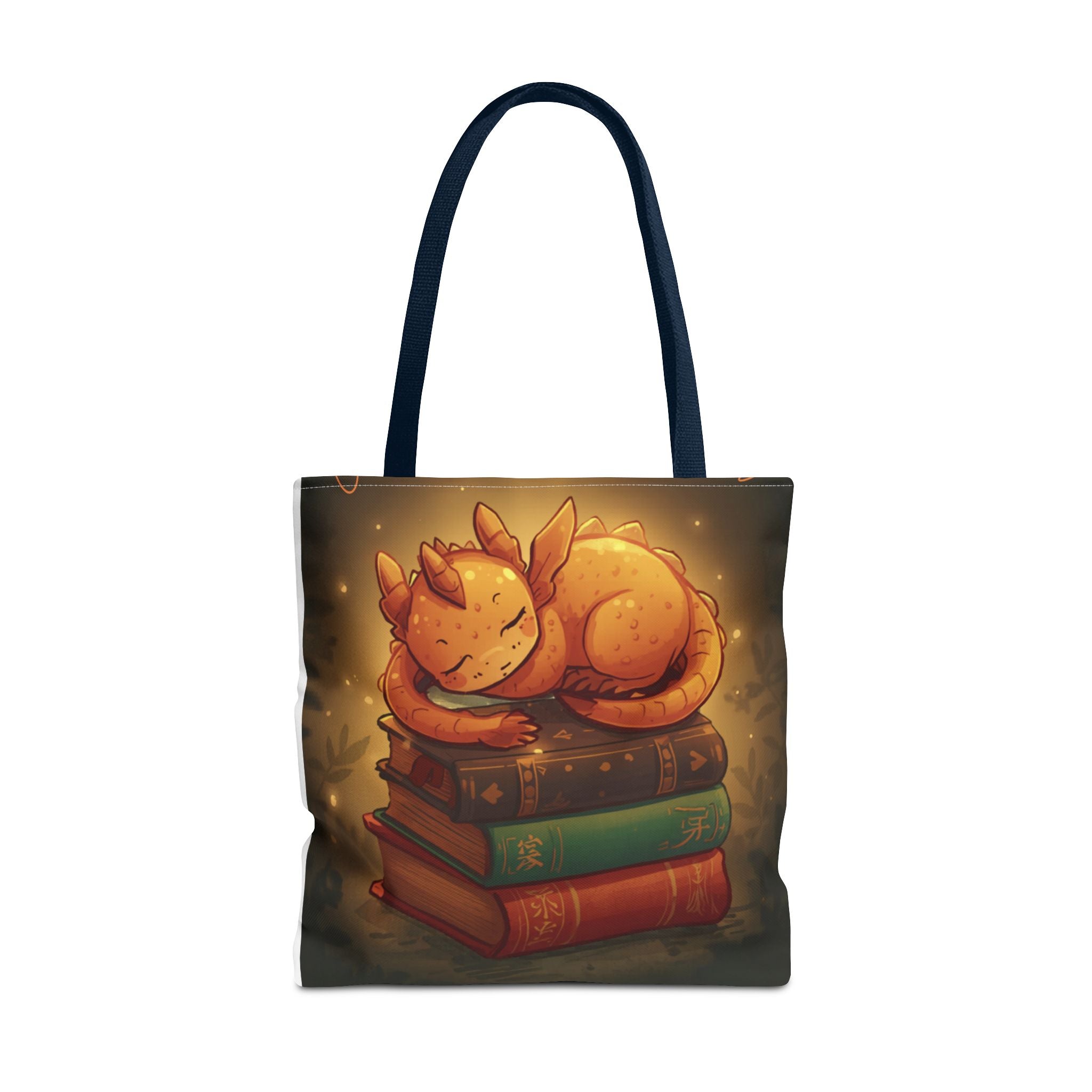 Cute Sleeping Dragon Bookstack Tote Bag — Cozy Fantasy Library Shopper