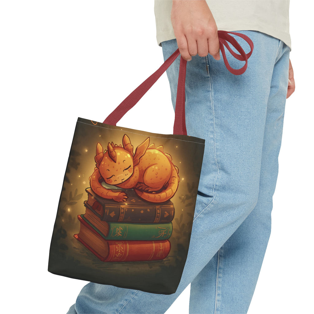 Cute Sleeping Dragon Bookstack Tote Bag — Cozy Fantasy Library Shopper