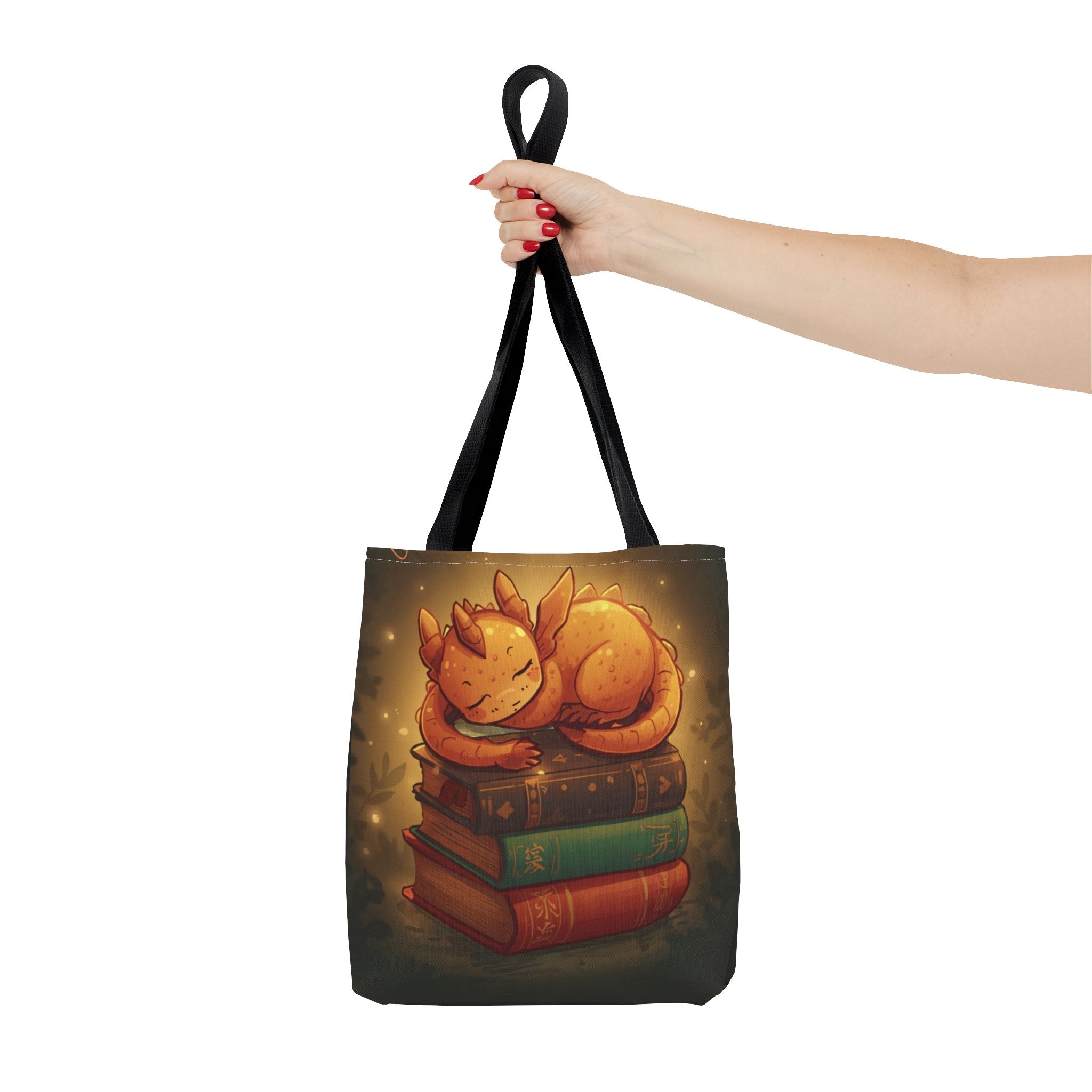 Cute Sleeping Dragon Bookstack Tote Bag — Cozy Fantasy Library Shopper