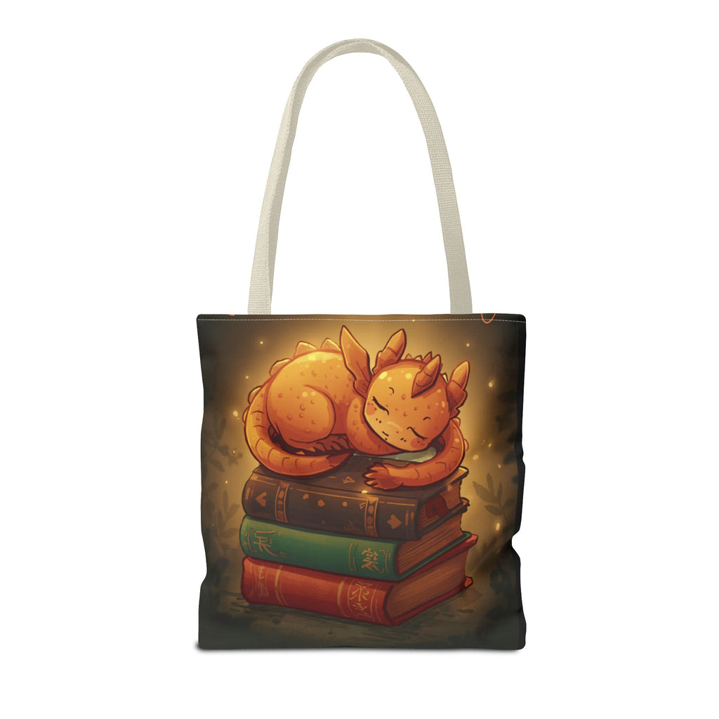 Cute Sleeping Dragon Bookstack Tote Bag — Cozy Fantasy Library Shopper