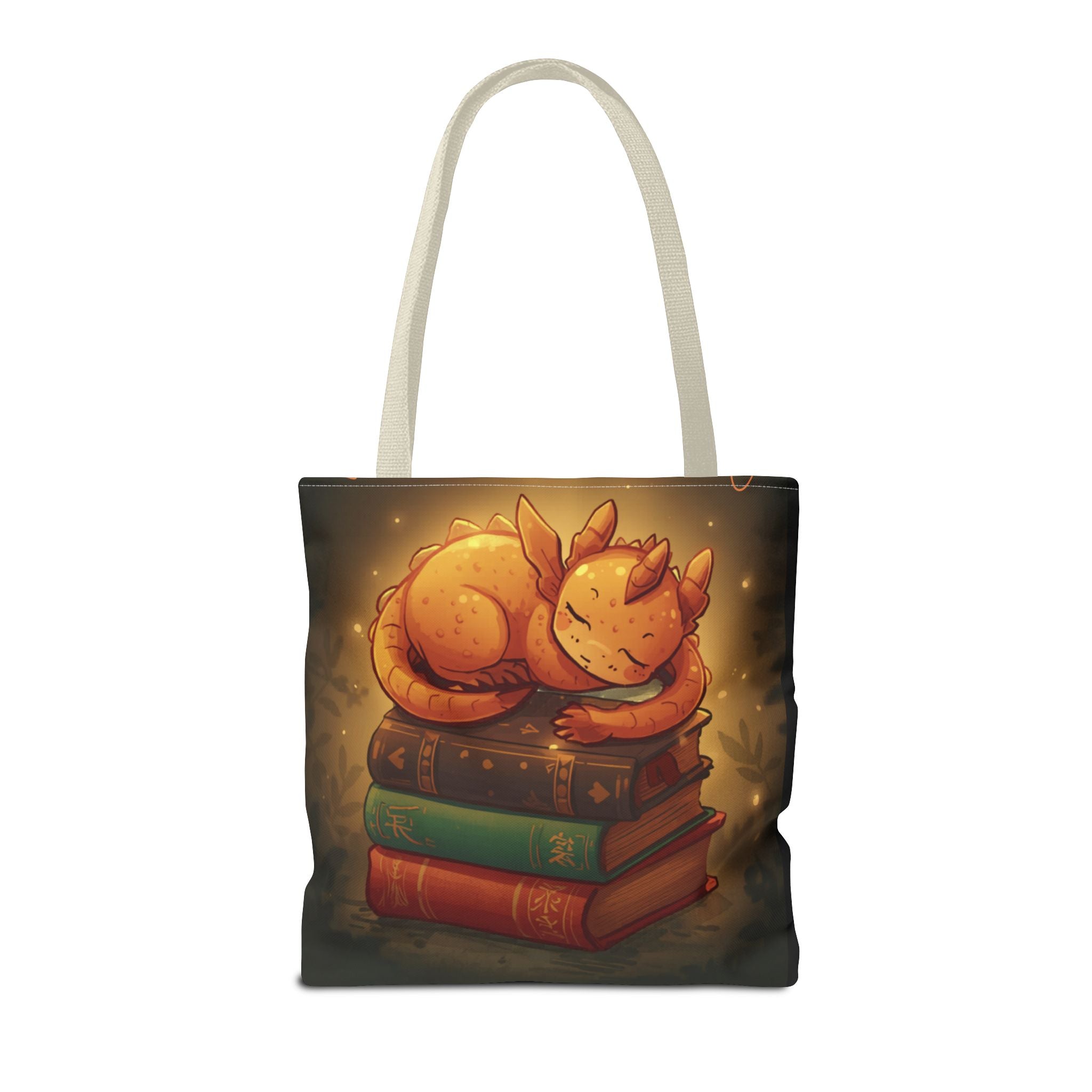 Cute Sleeping Dragon Bookstack Tote Bag — Cozy Fantasy Library Shopper