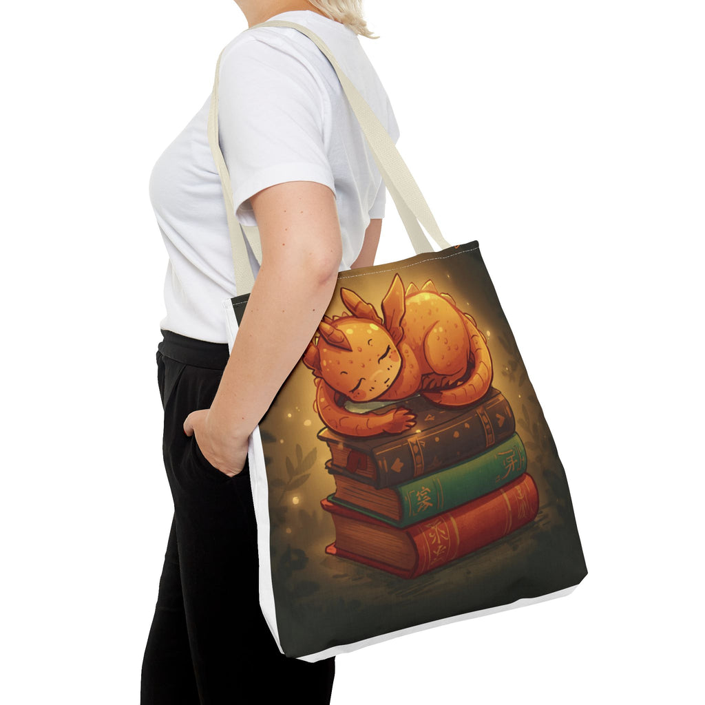 Cute Sleeping Dragon Bookstack Tote Bag — Cozy Fantasy Library Shopper