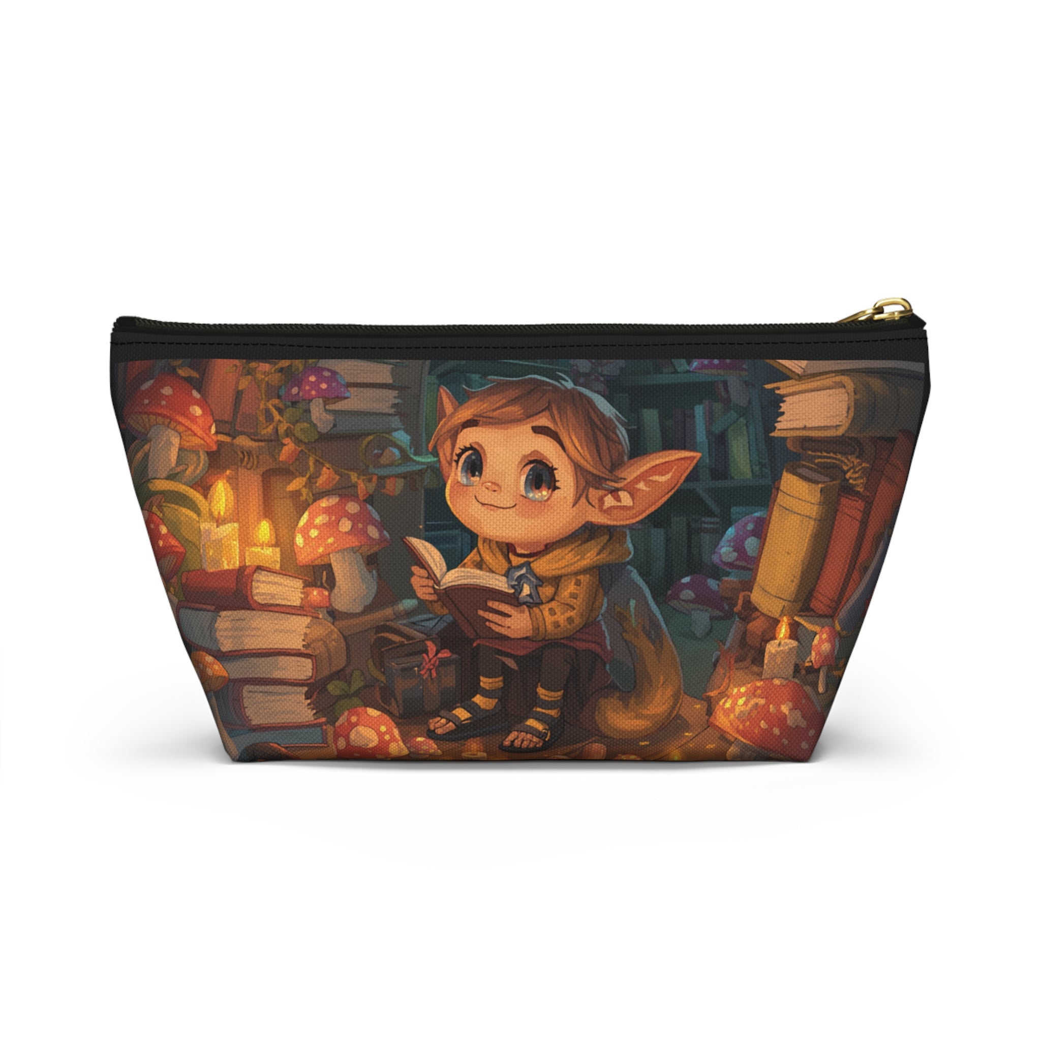 Enchanted Library Accessory Pouch — Cute Elf Reading Among Mushrooms