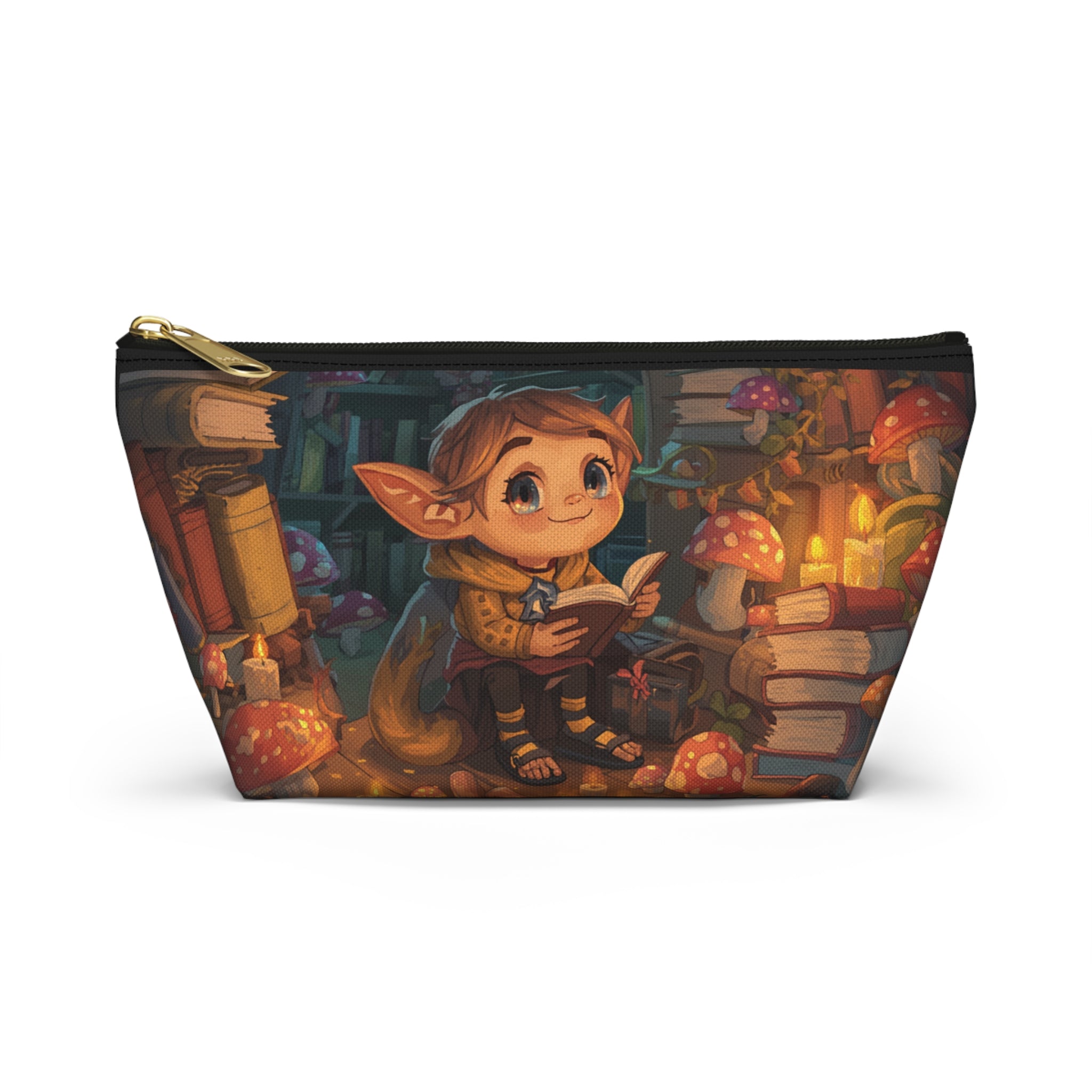 Enchanted Library Accessory Pouch — Cute Elf Reading Among Mushrooms