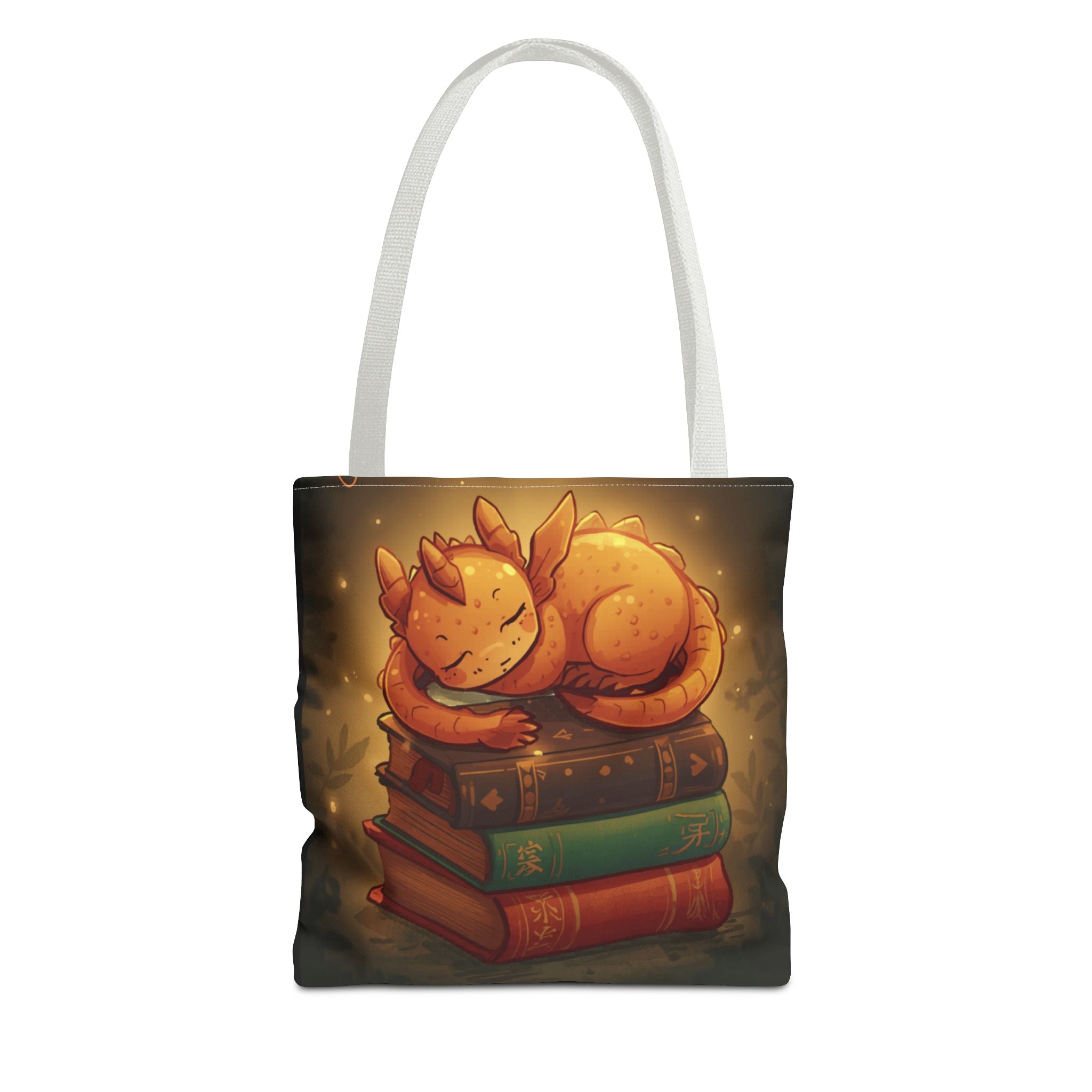 Cute Sleeping Dragon Bookstack Tote Bag — Cozy Fantasy Library Shopper