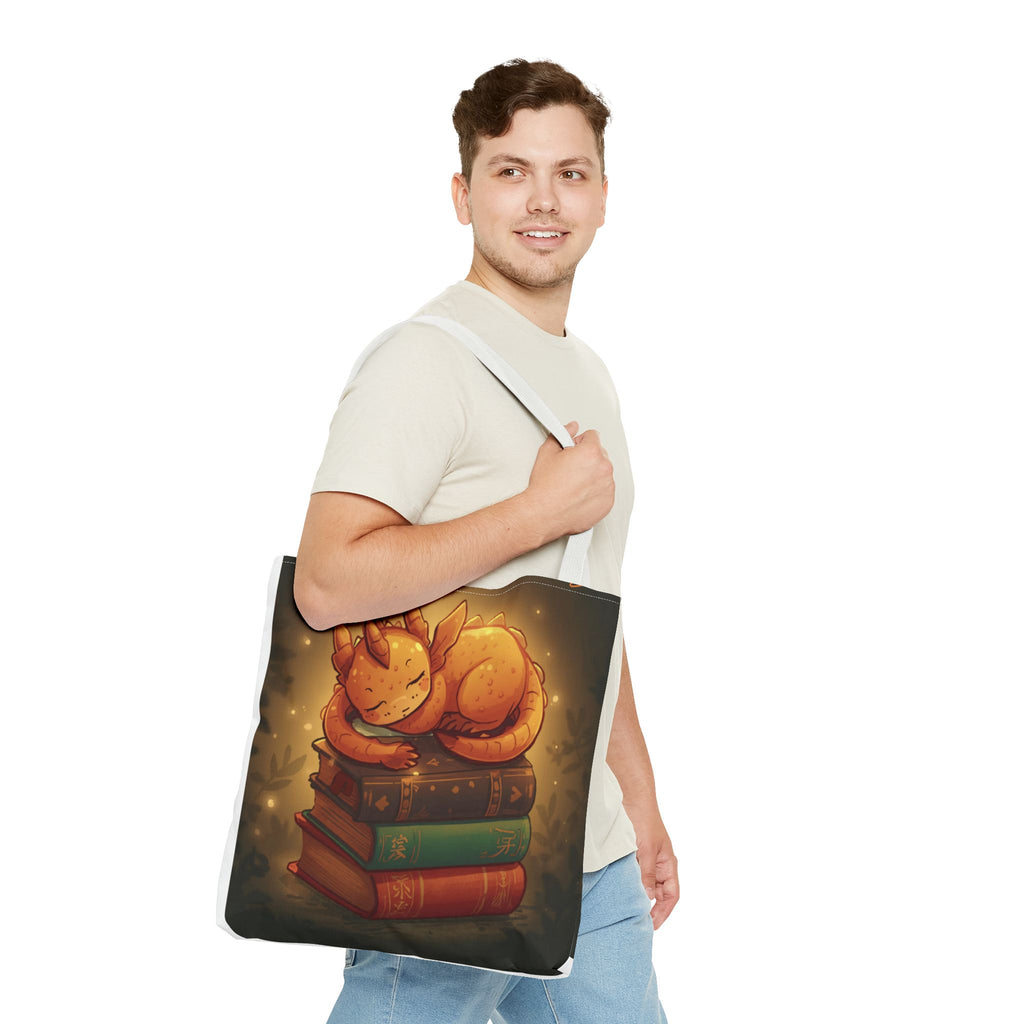 Cute Sleeping Dragon Bookstack Tote Bag — Cozy Fantasy Library Shopper