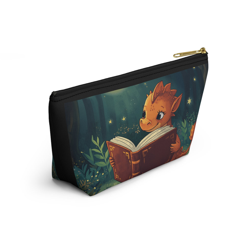 Cute Dragon Reading Book Accessory Pouch — Zippered T‑Bottom Makeup & Pencil Case