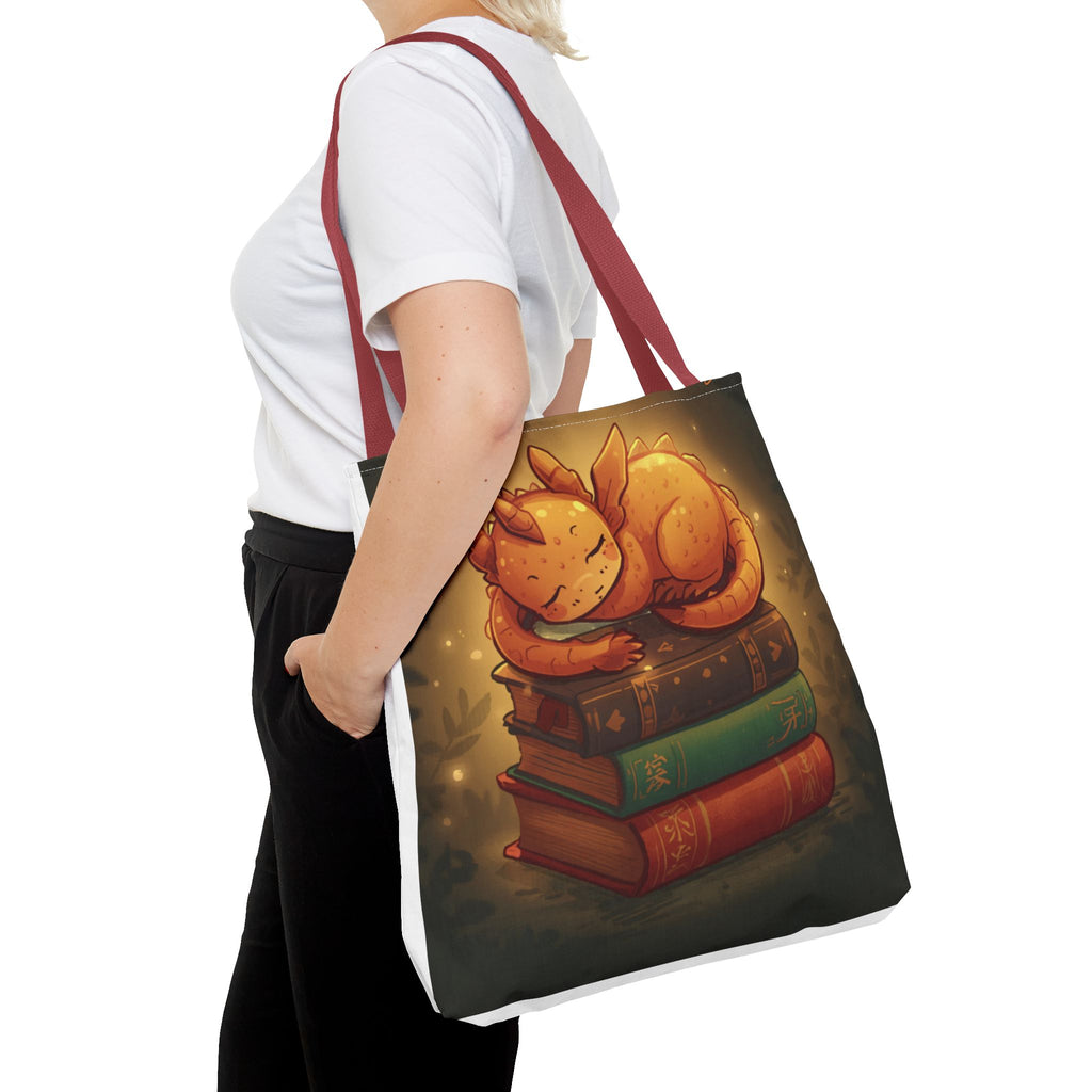 Cute Sleeping Dragon Bookstack Tote Bag — Cozy Fantasy Library Shopper