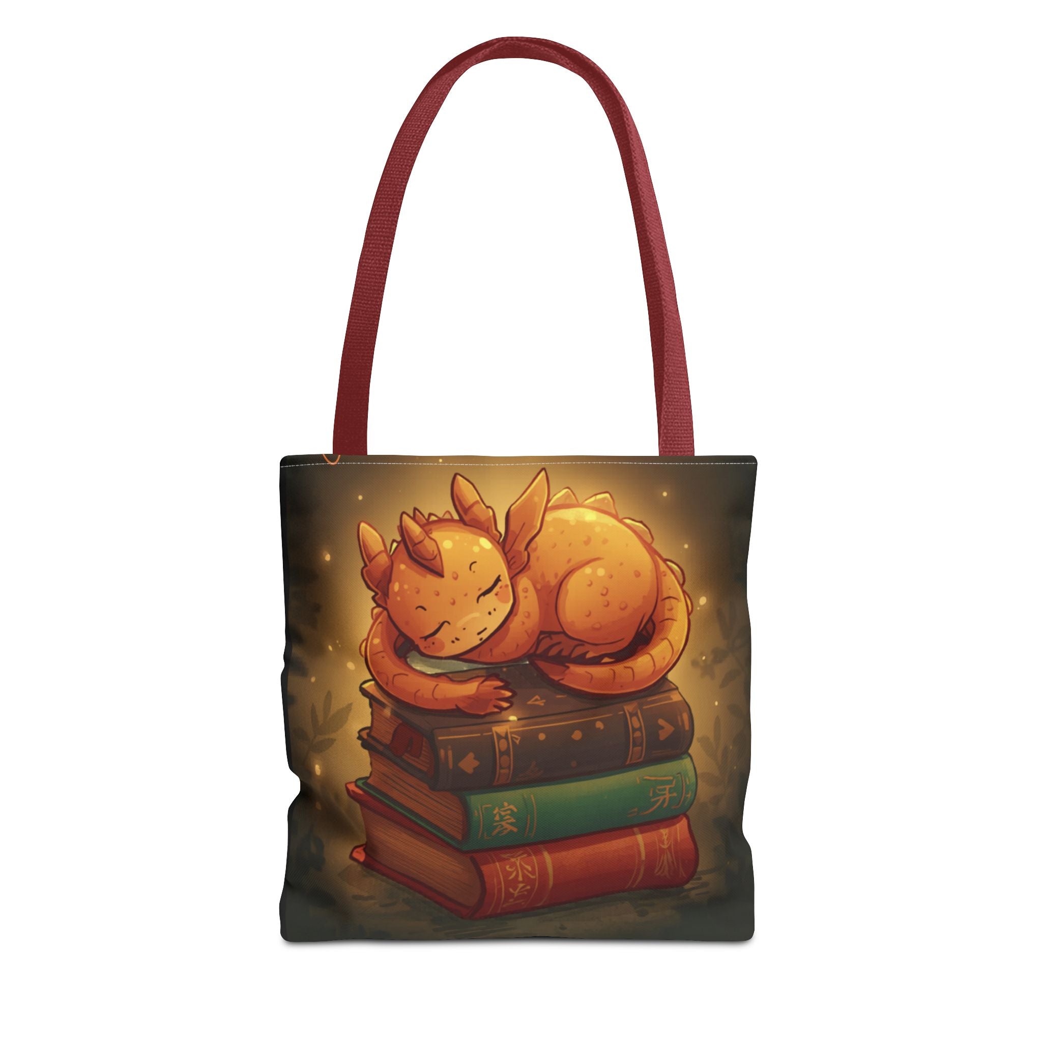 Cute Sleeping Dragon Bookstack Tote Bag — Cozy Fantasy Library Shopper