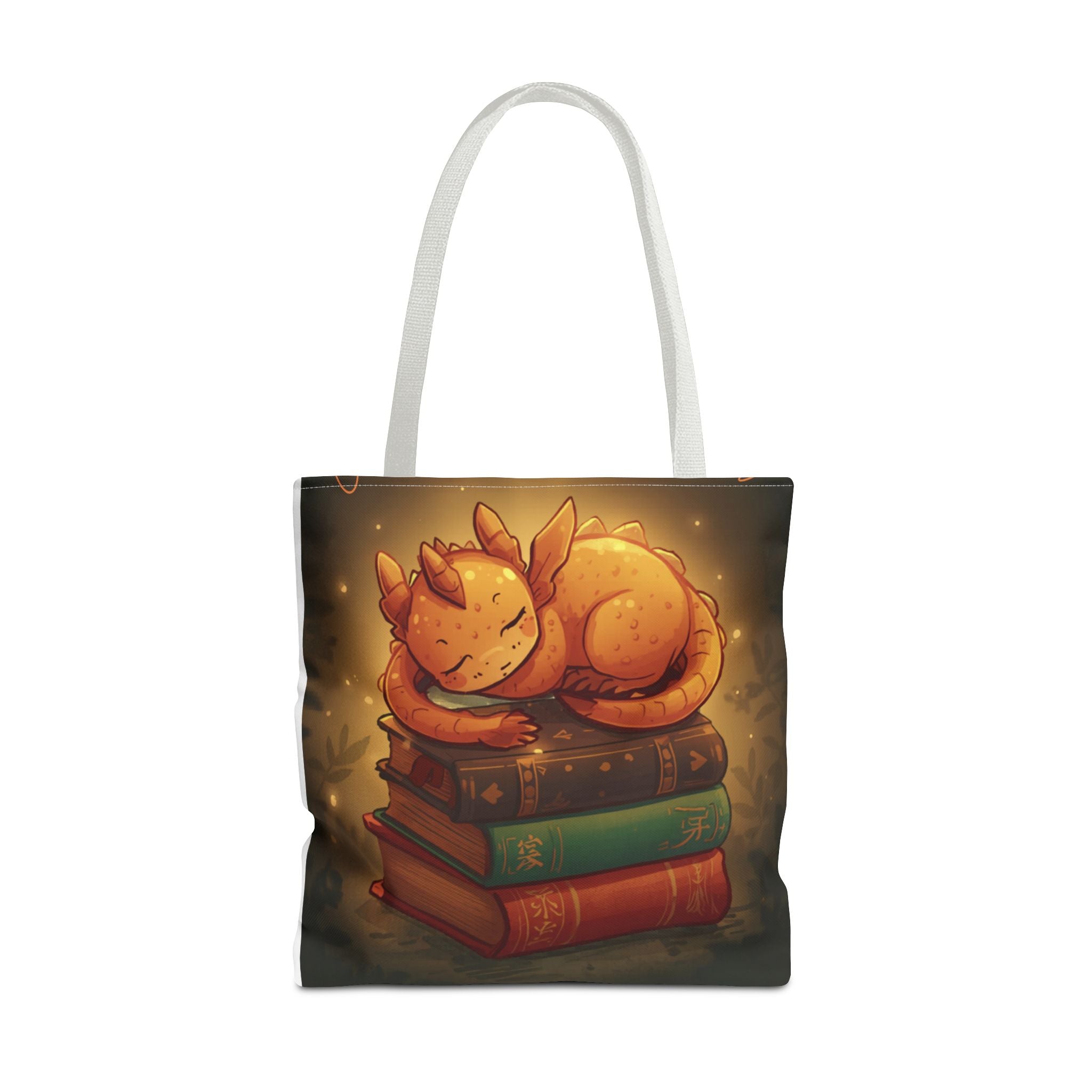 Cute Sleeping Dragon Bookstack Tote Bag — Cozy Fantasy Library Shopper