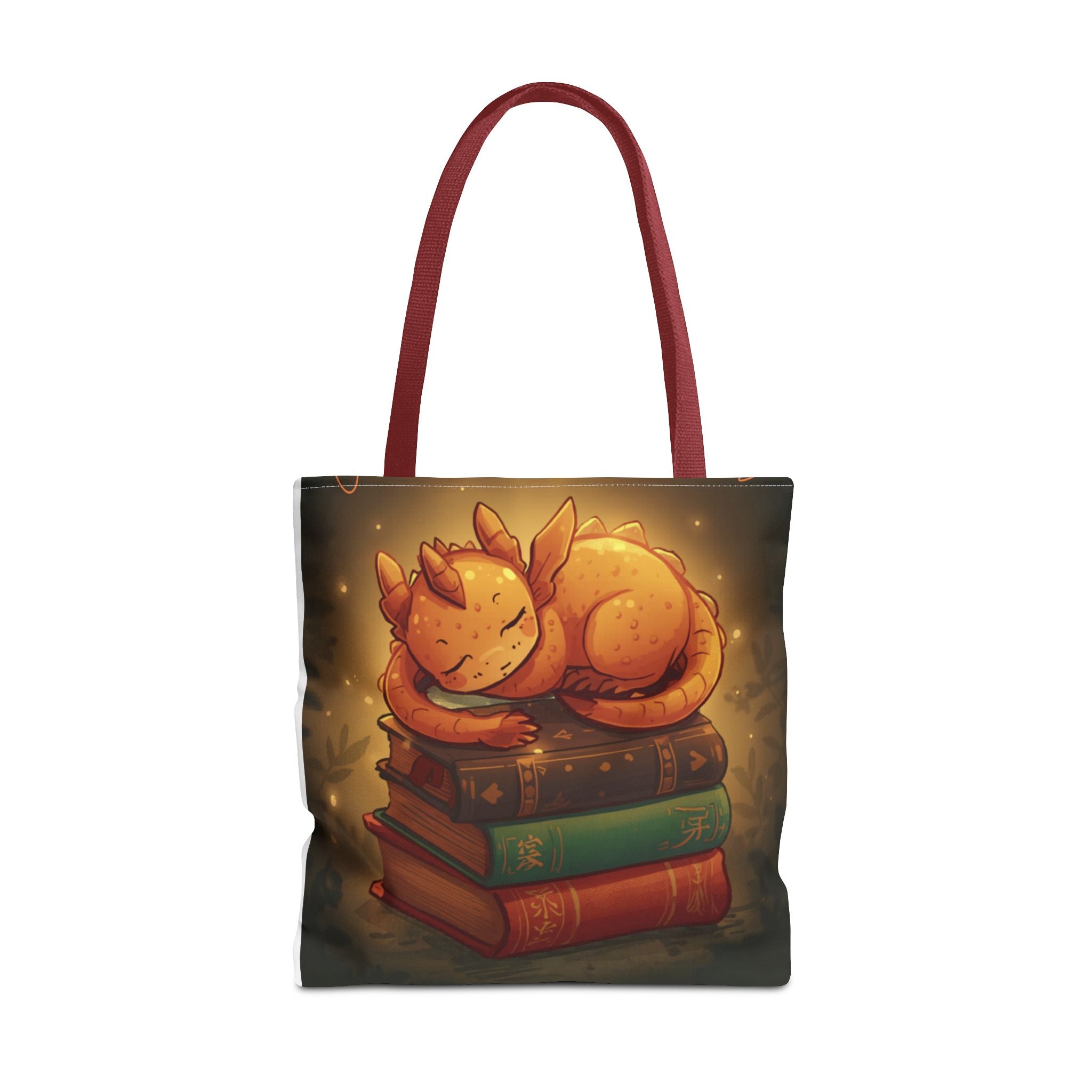 Cute Sleeping Dragon Bookstack Tote Bag — Cozy Fantasy Library Shopper