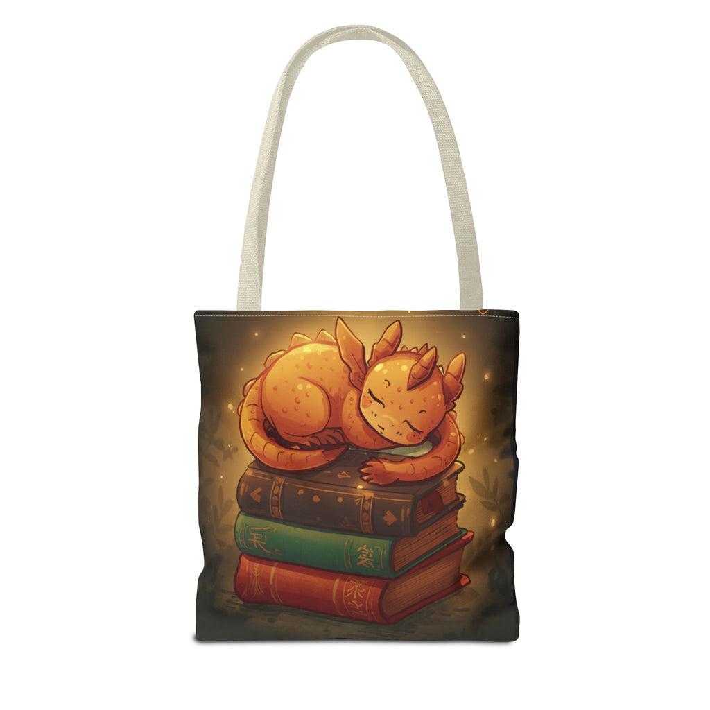 Cute Sleeping Dragon Bookstack Tote Bag — Cozy Fantasy Library Shopper