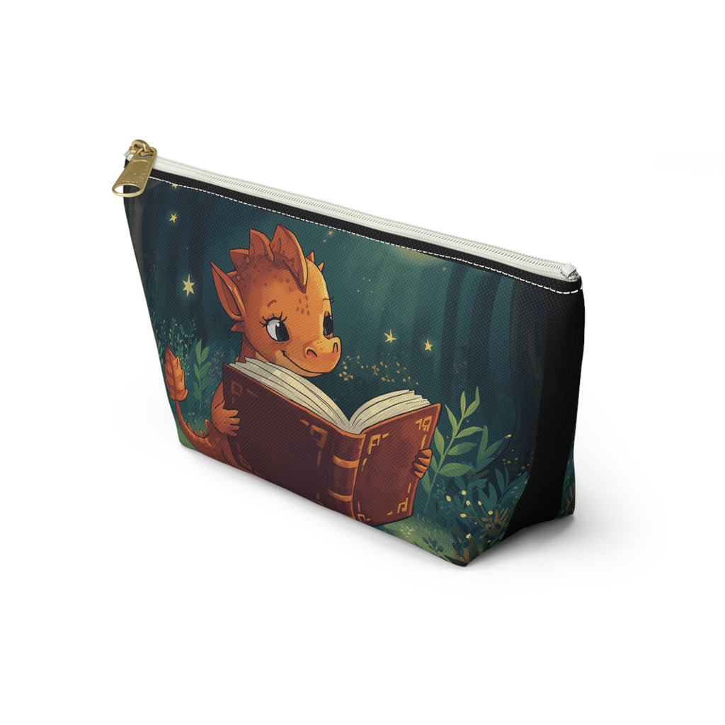Cute Dragon Reading Book Accessory Pouch — Zippered T‑Bottom Makeup & Pencil Case