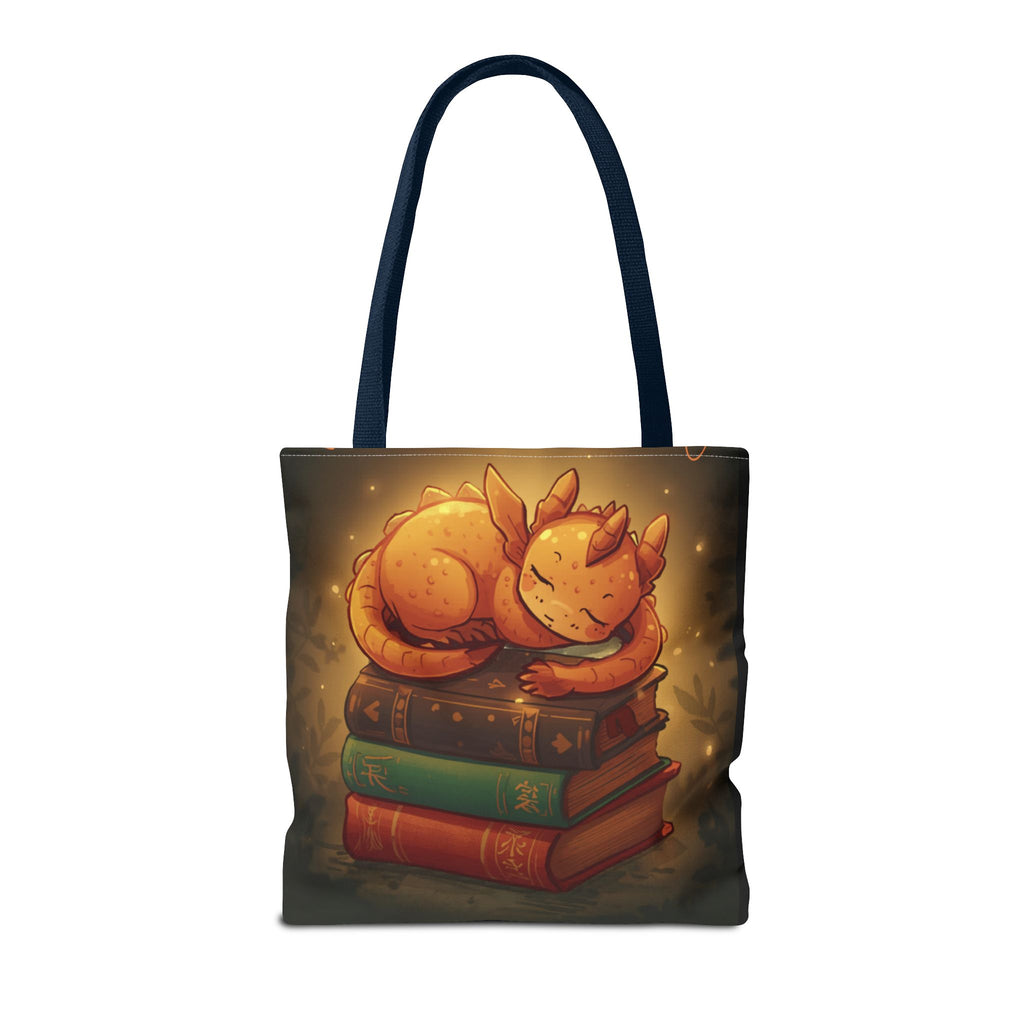 Cute Sleeping Dragon Bookstack Tote Bag — Cozy Fantasy Library Shopper