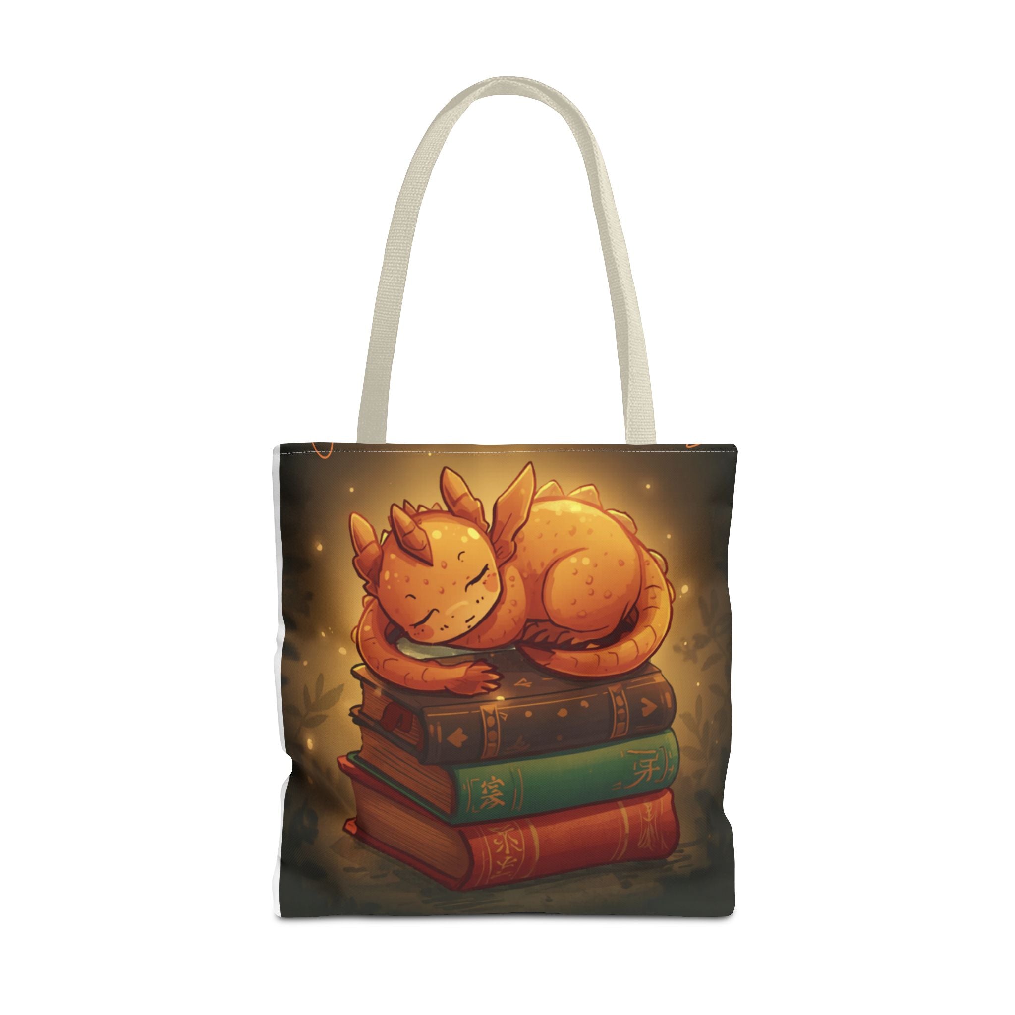 Cute Sleeping Dragon Bookstack Tote Bag — Cozy Fantasy Library Shopper