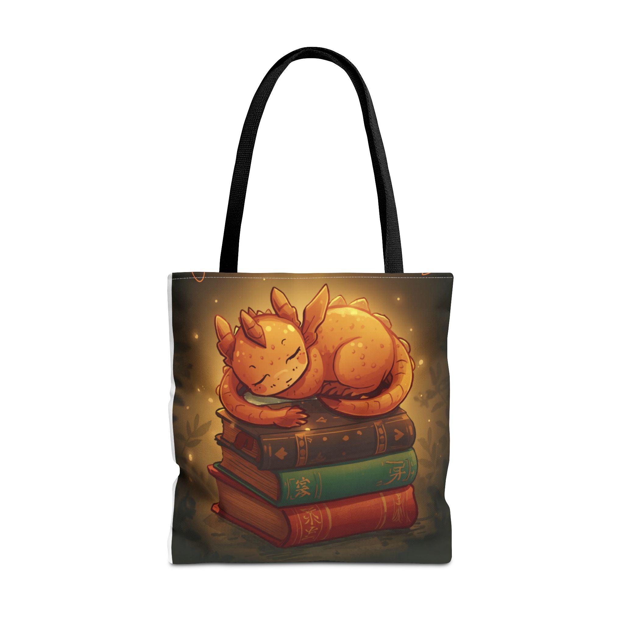 Cute Sleeping Dragon Bookstack Tote Bag — Cozy Fantasy Library Shopper