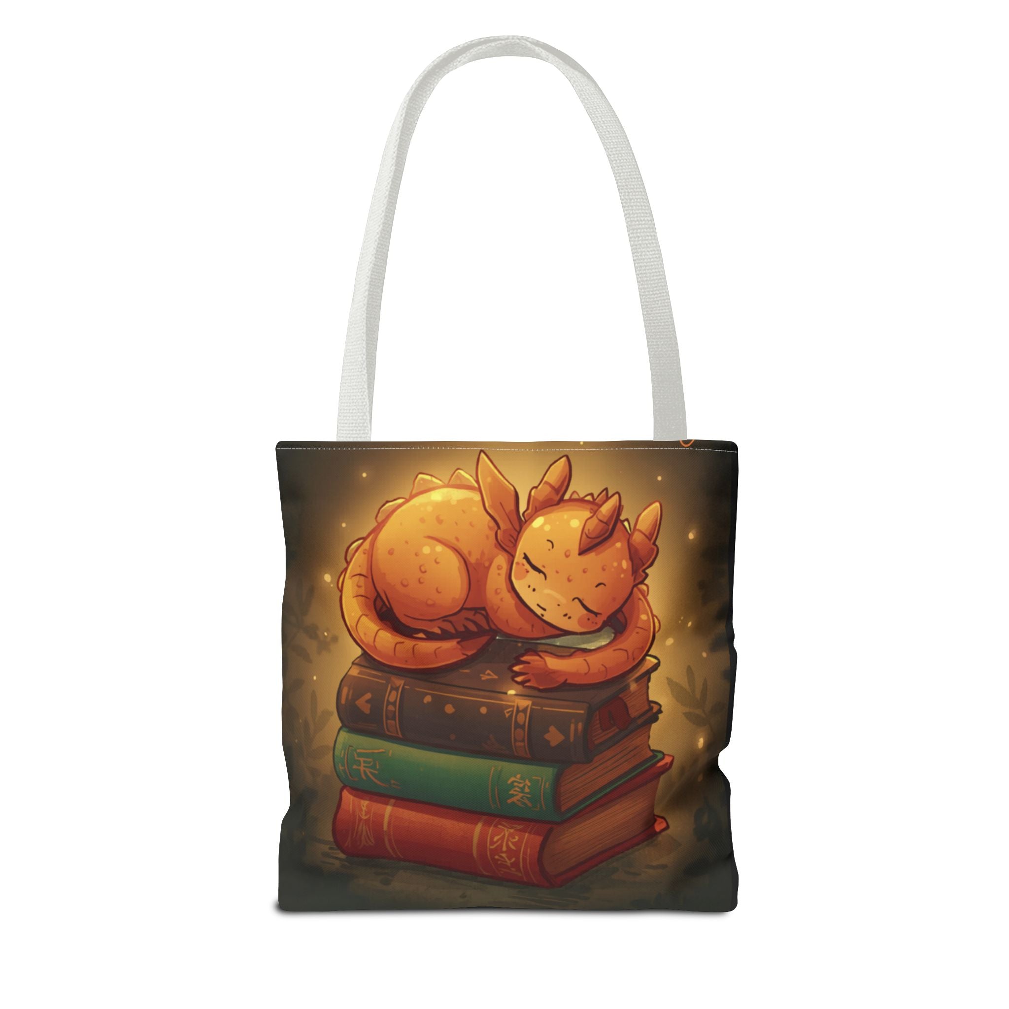 Cute Sleeping Dragon Bookstack Tote Bag — Cozy Fantasy Library Shopper