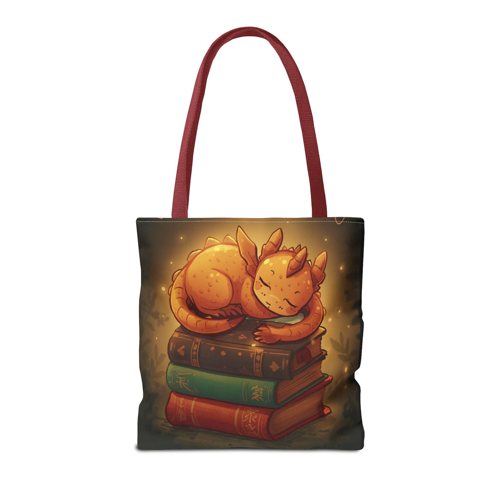 Cute Sleeping Dragon Bookstack Tote Bag — Cozy Fantasy Library Shopper